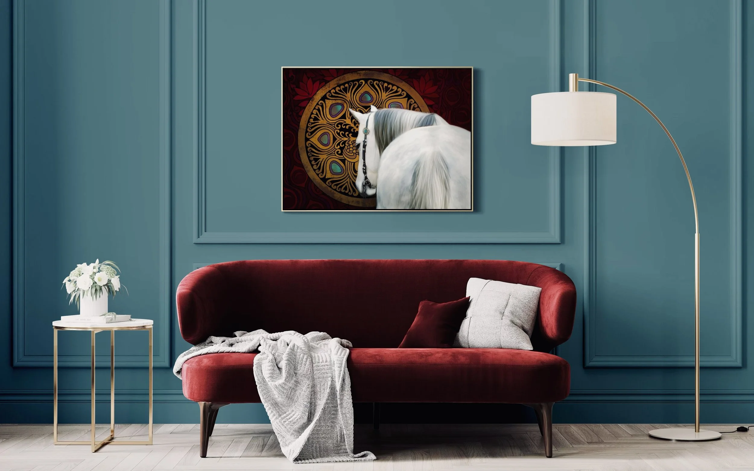"Veda Moon" captures a serene moment where a graceful grey roan horse meets an art deco-inspired mandala. 
The horse's flowing mane and lifelike coat contrast with the warm, geometric patterns behind it. 