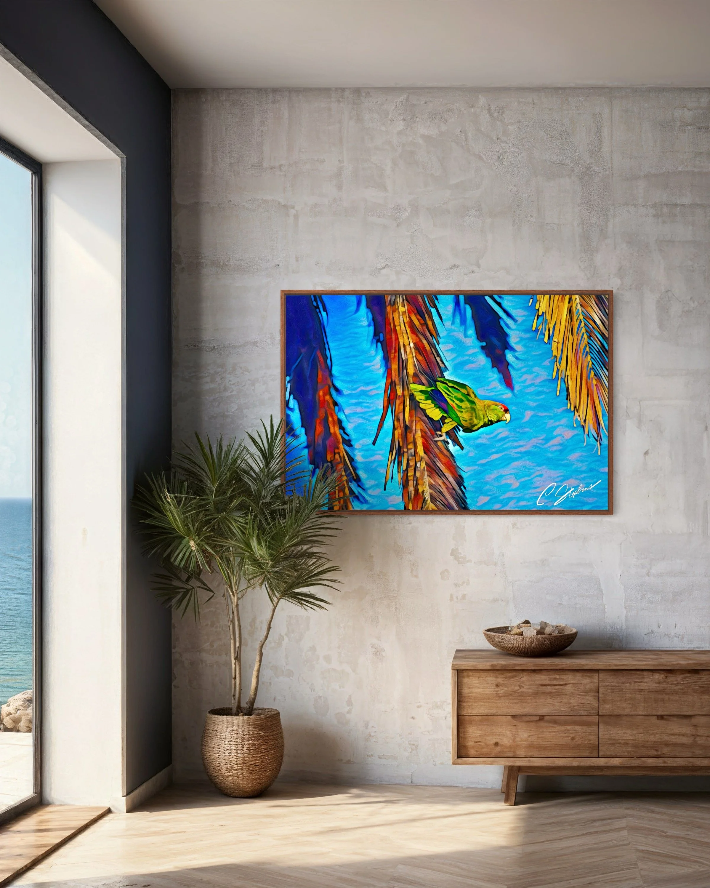 "Jungle Pulse Among Whispering Palms" captures a moment of lively interaction between nature and color. A bright green parrot perches confidently amid palm fronds warmed in earthy browns and oranges, its feathers vibrant against a textured, swirling 