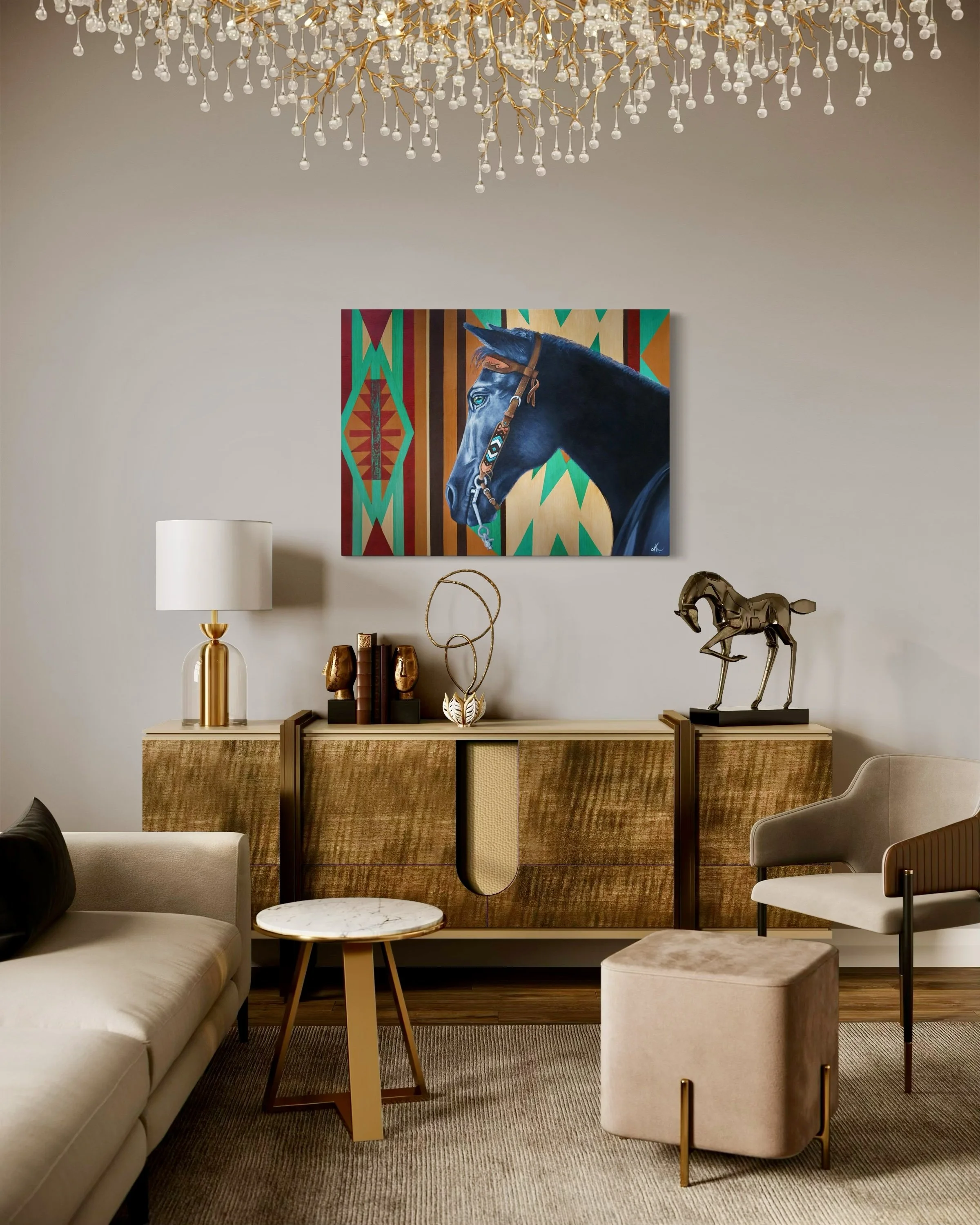 "Jet Black" presents a portrait of a black horse captured in crisp, meticulous detail. The horse's glossy coat and muscular contours are rendered with a mix of acrylic and oil on a wood panel, giving the piece a tangible depth and texture. 