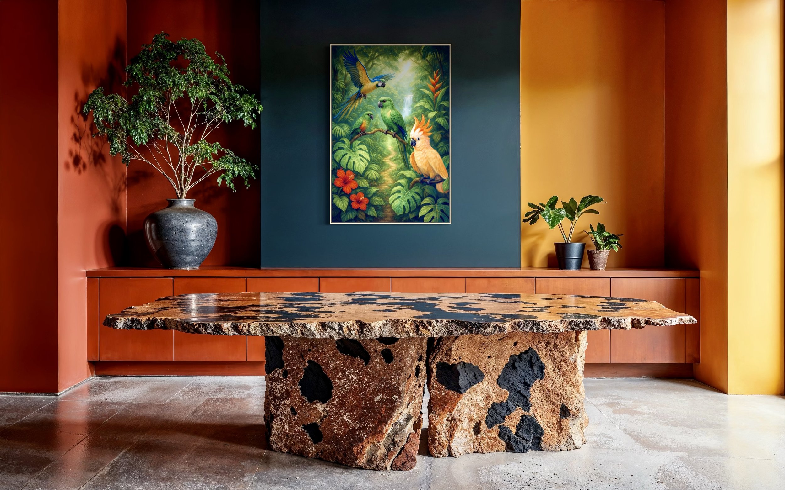 "Trail of Wings Where The Jungle Sings", 36x48 oil on canvas, explores color, movement, and layered atmosphere within a tropical sanctuary. A quartet of parrots gather along a winding forest path, symbolizing connection and vitality.