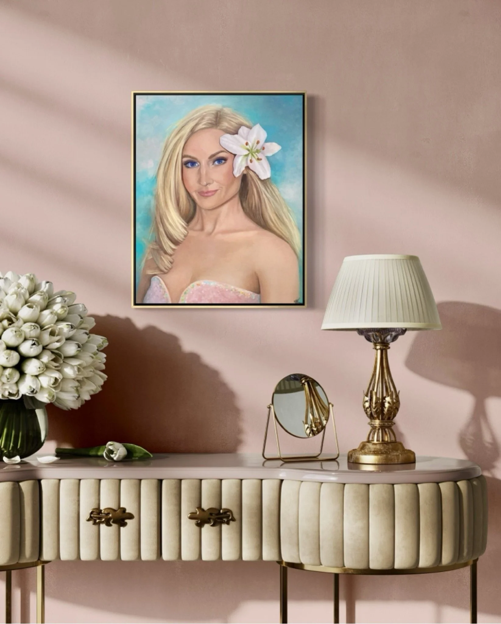 A portrait study from Daria Callie’s class "Andria", 11x14 oil on wood panel, is a foundational piece where Cassidy fell in love with painting skin tones, soft edges, and capturing presence. The white Lily and turquoise background felt like the perfe