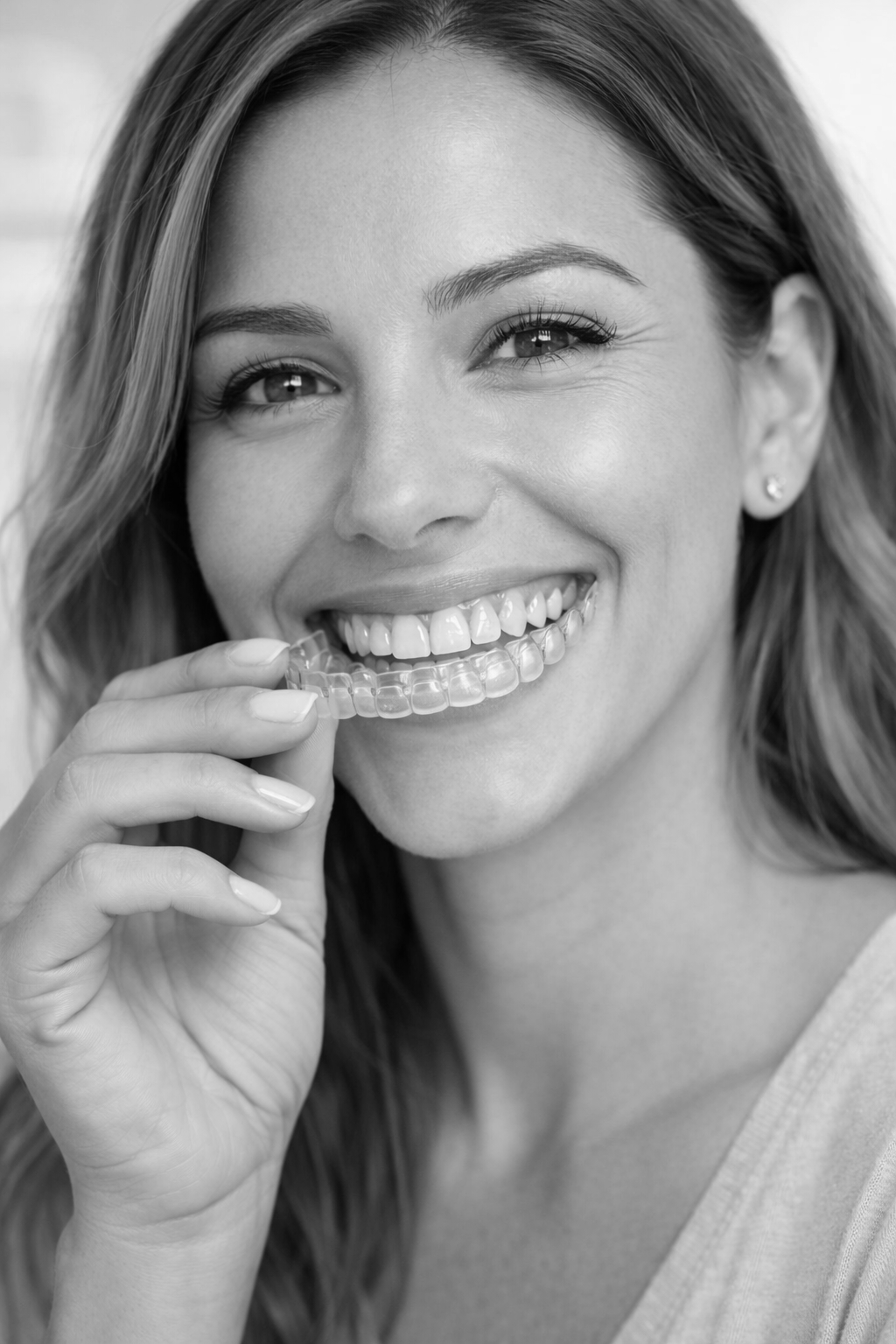 Black and white photo of a woman with long hair smiling, holding a clear teeth whitening tray near her mouth.