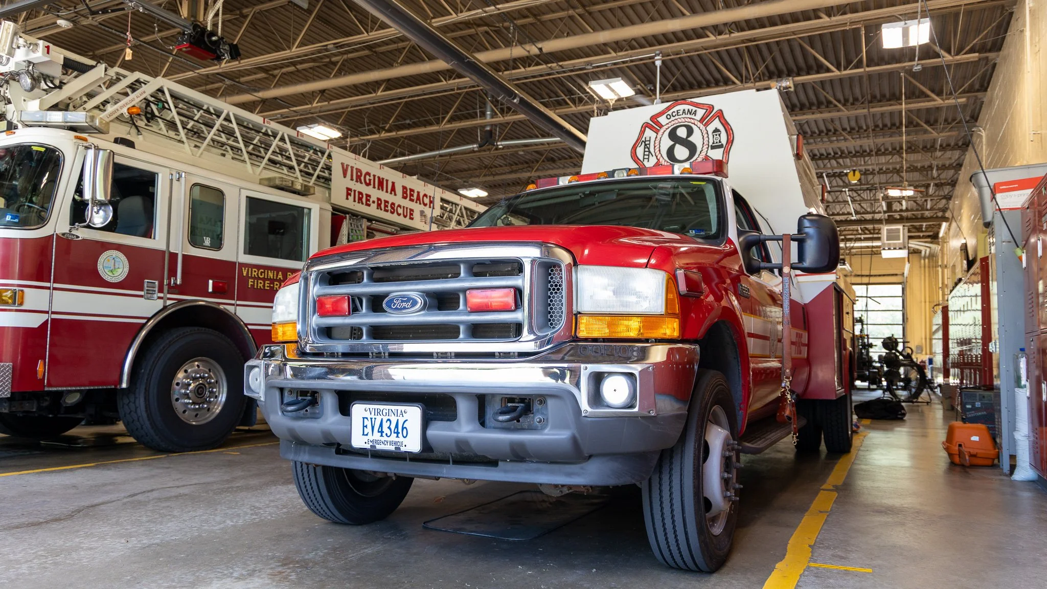 Virginia Beach, Virginia, 2 July 2026 -- Backup: A stand-in for the usual OVFD support truck sits in the Station 8 vehicle bay alongside VBFD Ladder 8. Photo: Jesse Ankney.