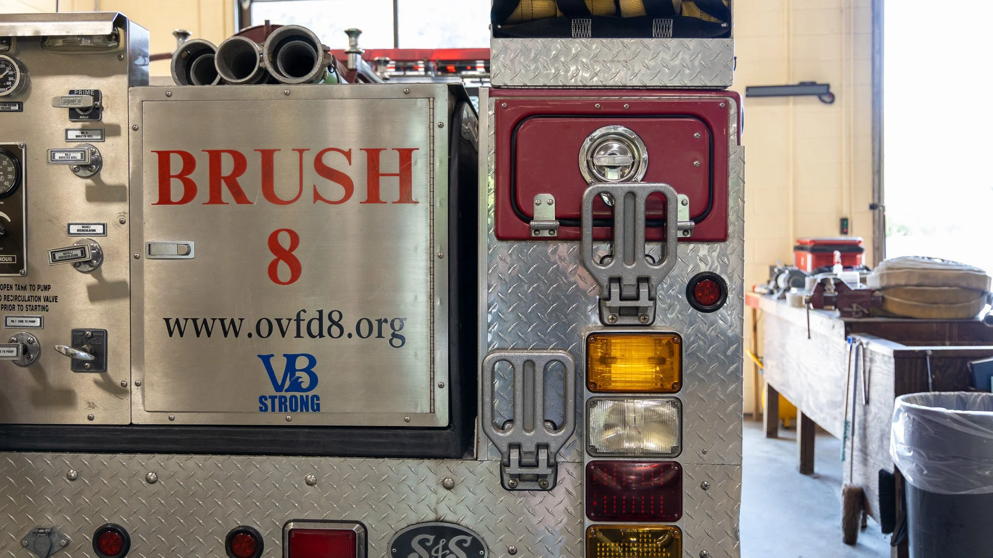 Virginia Beach, Virginia, 2 July 2026 -- Rear View: Brush 8 parked in the Station 8 vehicle bay. Photo: Jesse Ankney.
