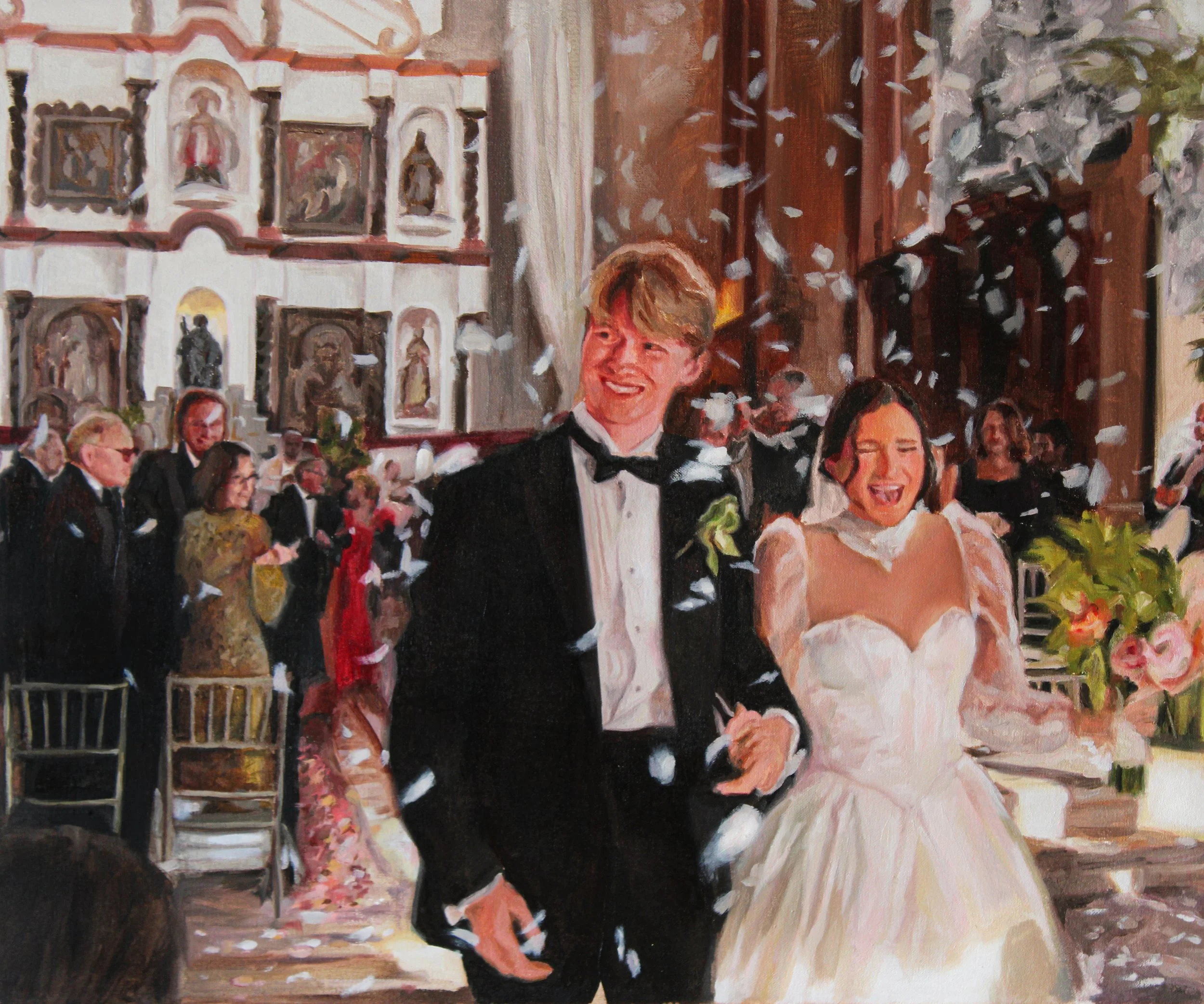 Painting of a joyful bride and groom walking down the aisle, surrounded by guests and falling flower petals.