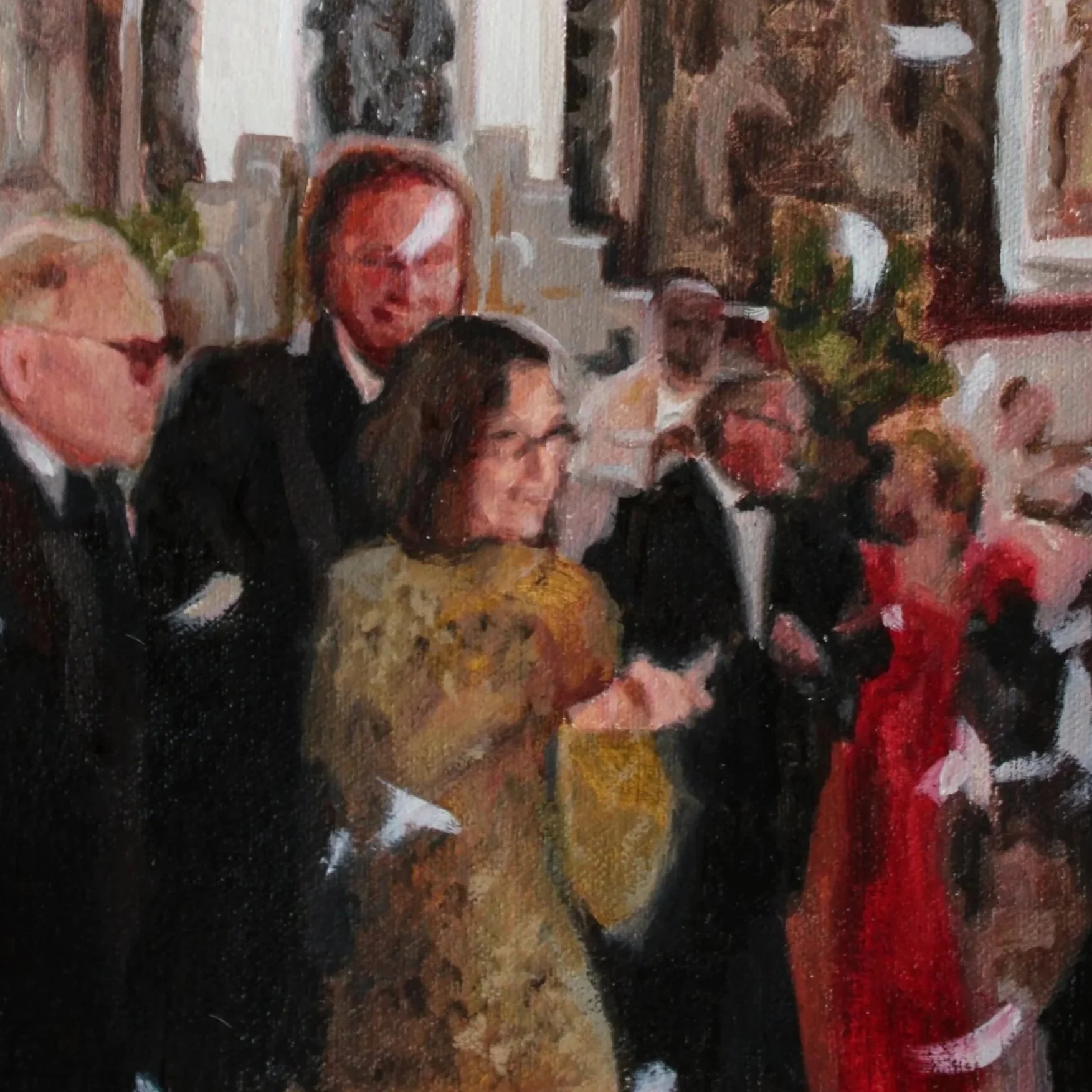 A painting of a formal dinner gathering with several people dressed in tuxedos and evening wear, seated at a long table decorated with flowers, ornate architecture, and large windows in the background.