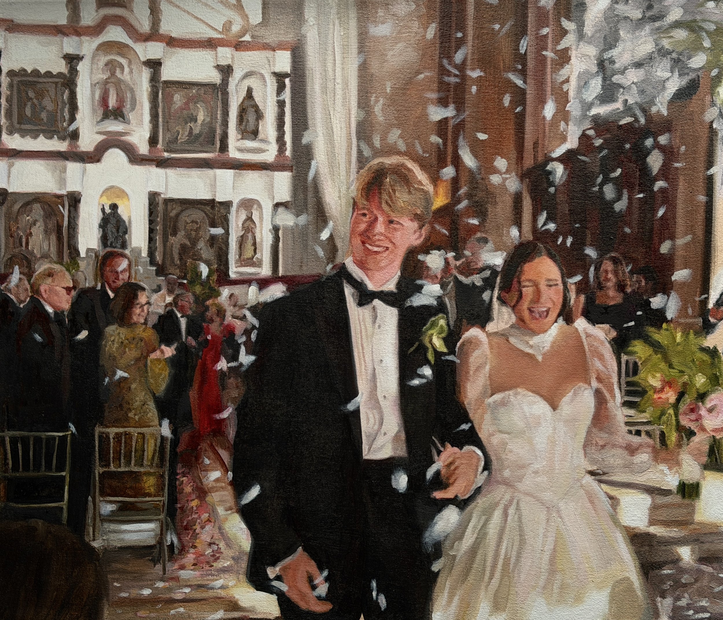 A painting of a wedding reception with a bride and groom walking through a room with guests smiling and throwing confetti.