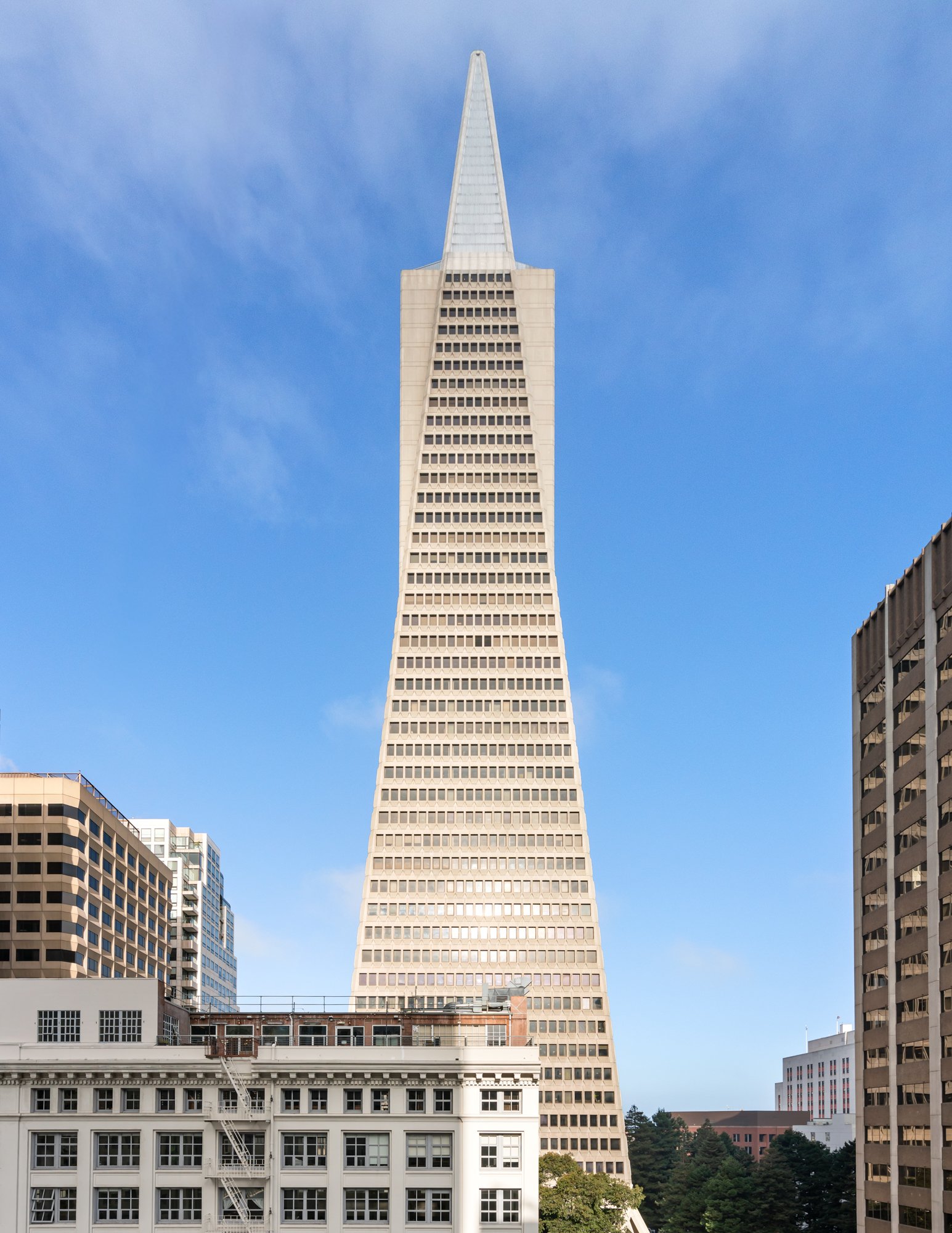 The Transamerica Pyramid, a tall, pointed skyscraper in San Francisco, California, surrounded by other buildings and a blue sky.