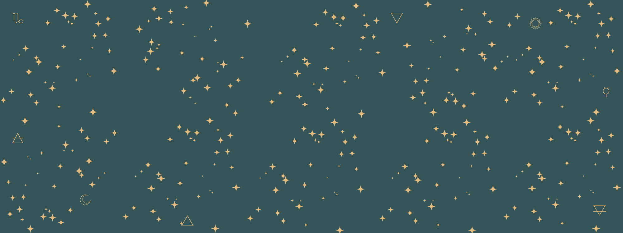 A pattern of small and large gold stars, planets, and geometric symbols on a dark teal background.