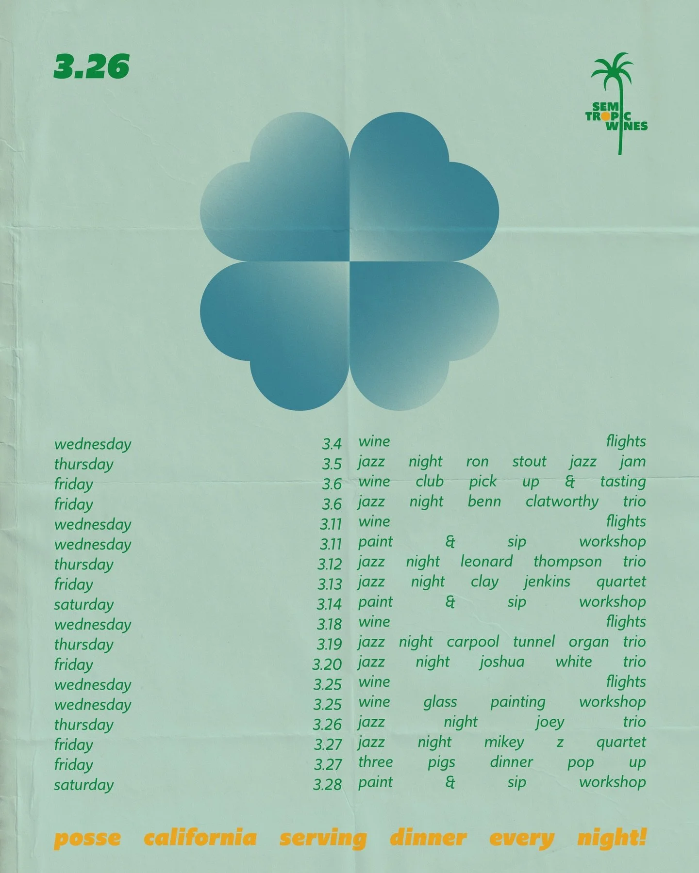 How is it already March?! 

We&rsquo;ve got a solid line up of great nights planned for you. 

Weekly wine flights every Wednesday 
Wine club pick up and free tasting @tiny__wine on 3/6
Jazz night every Thursday and Friday from 6:30-9
Paint &amp; sip