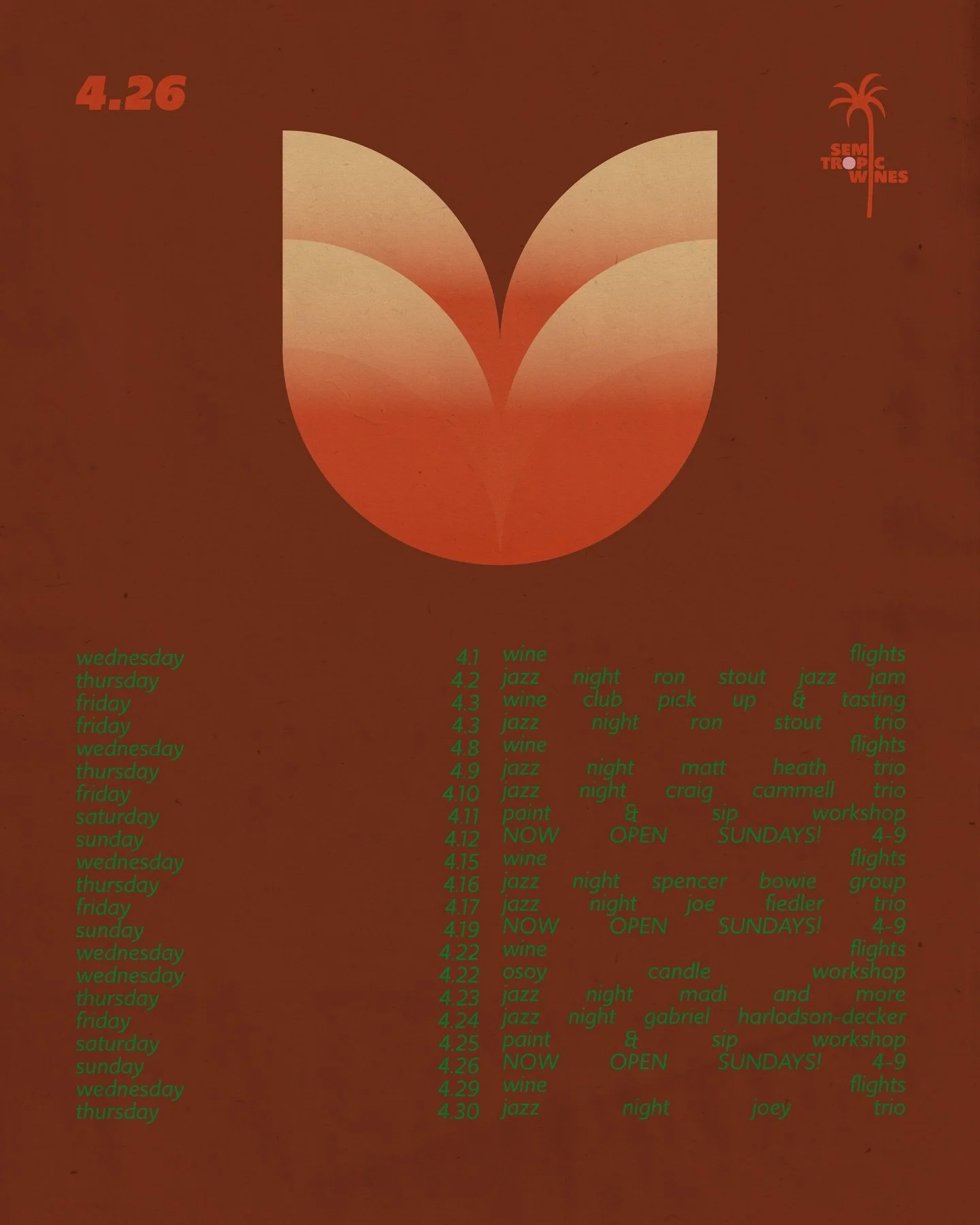 April is shaping up to be an epic month! 
We have a lot of awesome nights planned for you. 

🌟 4/1-4/4 BURGER WEEK 🍔 @possecalifornia 
🌟 Live Jazz every Thursday and Friday 
🌟 Candle workshop from @osoycandles 
🌟 Paint &amp; sip workshops from @