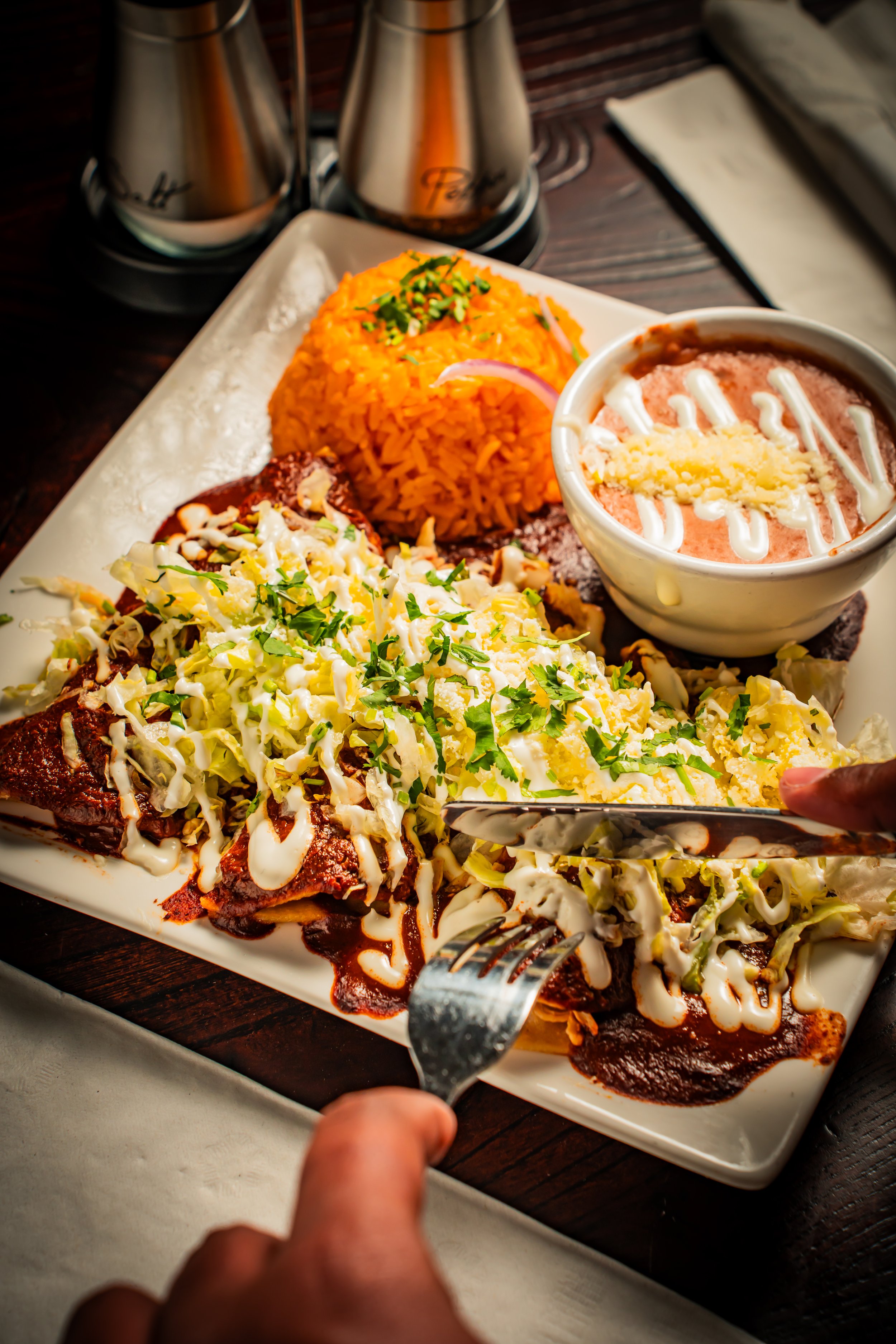 Plate of Mexican food with rice, refried beans, shredded lettuce, cheese, sour cream, and a bowl of pink sauce garnished with cheese and some sauce drizzle.