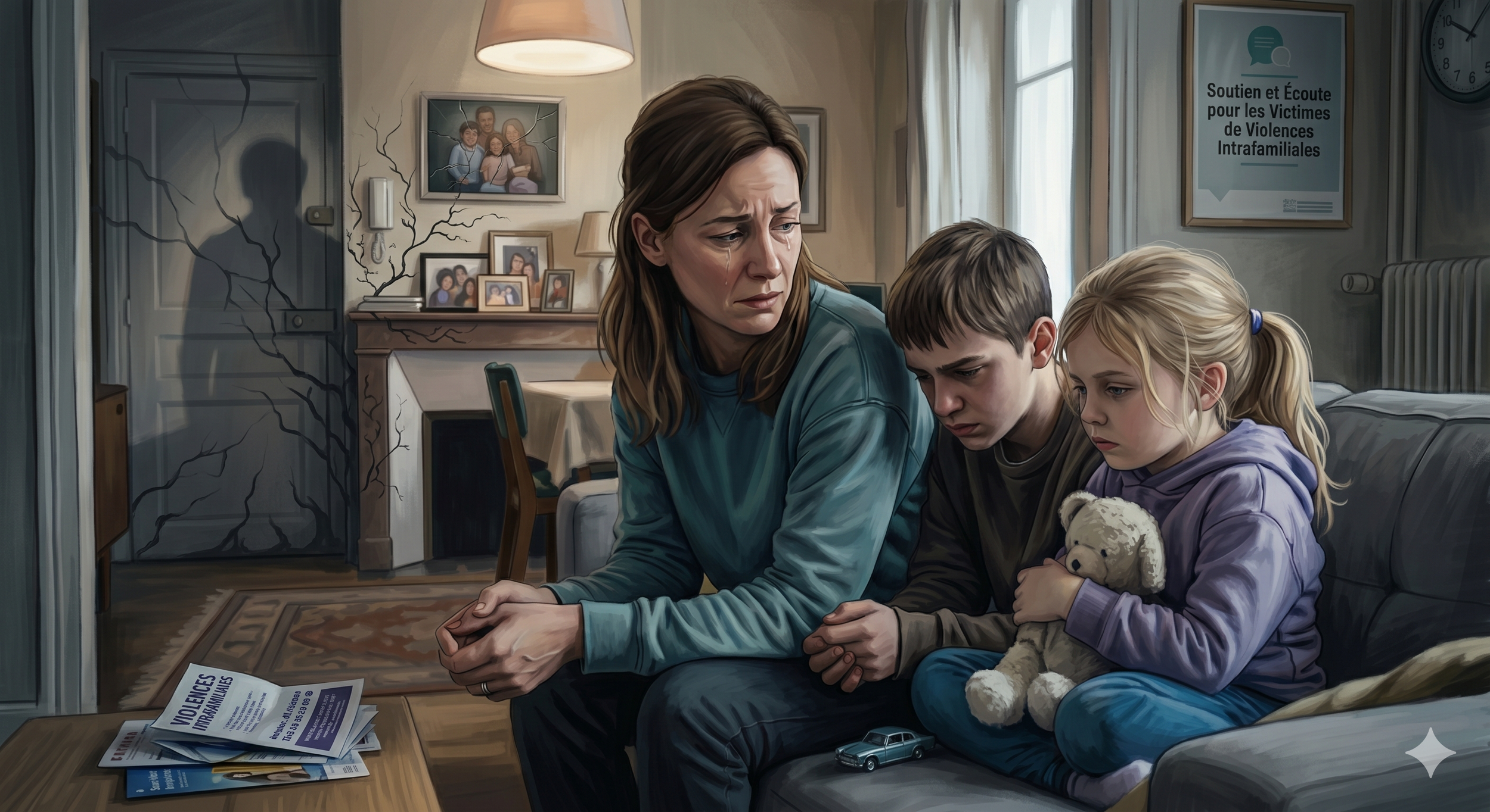 Une femme pleure en compagnie de deux enfants, un garçon et une fille, dans un salon. La fille tient un ours en peluche. Sur la table devant eux, il y a des brochures sur les violences intrafamiliales. Le mur en arrière affiche des photos de famille et un panneau qui soutient l'écoute et le soutien pour les victimes de violences intrafamiliales.