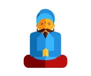 Illustration d'une personne assise en position de méditation, les mains jointes, portant un turban bleu et une robe bleue, avec un fond blanc.