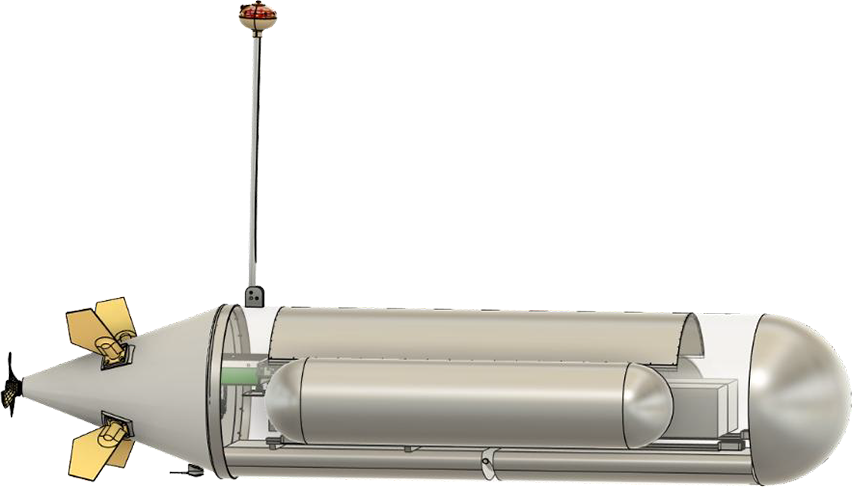 Illustration of a submersible with a large nozzle at the bottom, two cylindrical fuel tanks in the middle, and a tall, thin launch tower to the left.