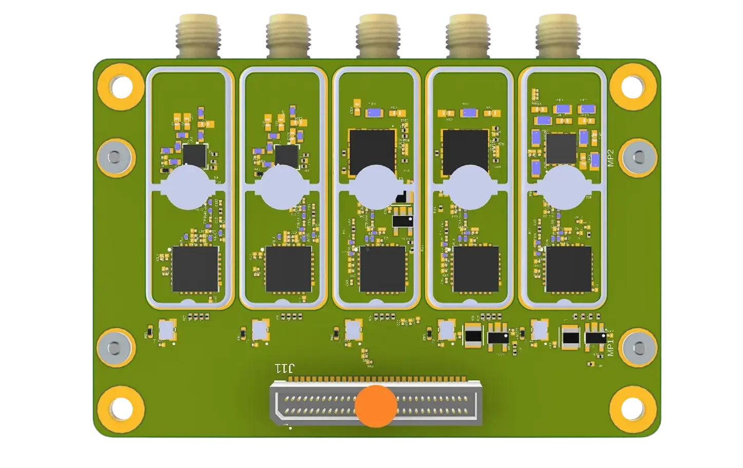 Close-up of a green printed circuit board (PCB) with multiple integrated circuits, connectors, and electronic components mounted on it.