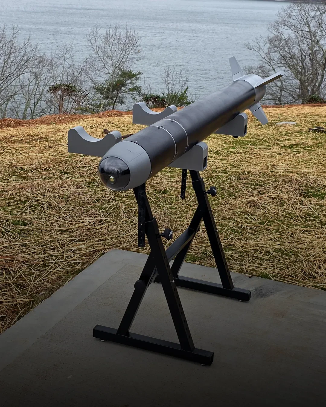 A black and gray missile or rocket mounted on a stand outdoors with dried grass, leafless trees, and a body of water in the background.