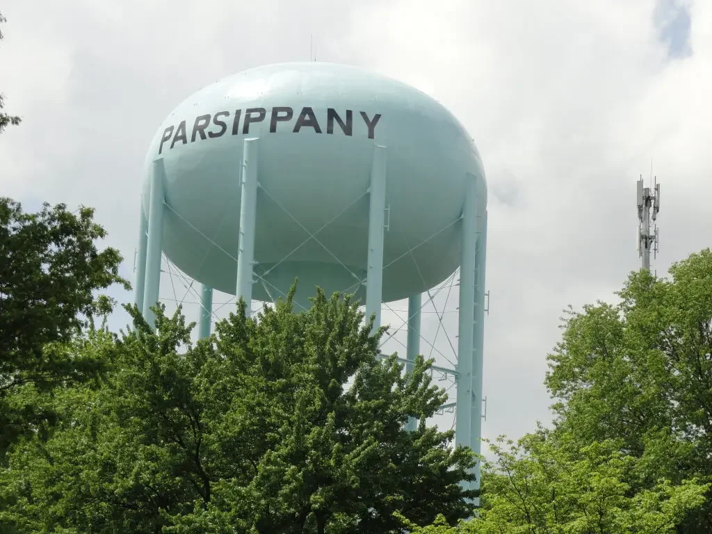 A water tower painted light blue with the word 'PARSI PANY' on it, surrounded by green trees, under a partly cloudy sky.