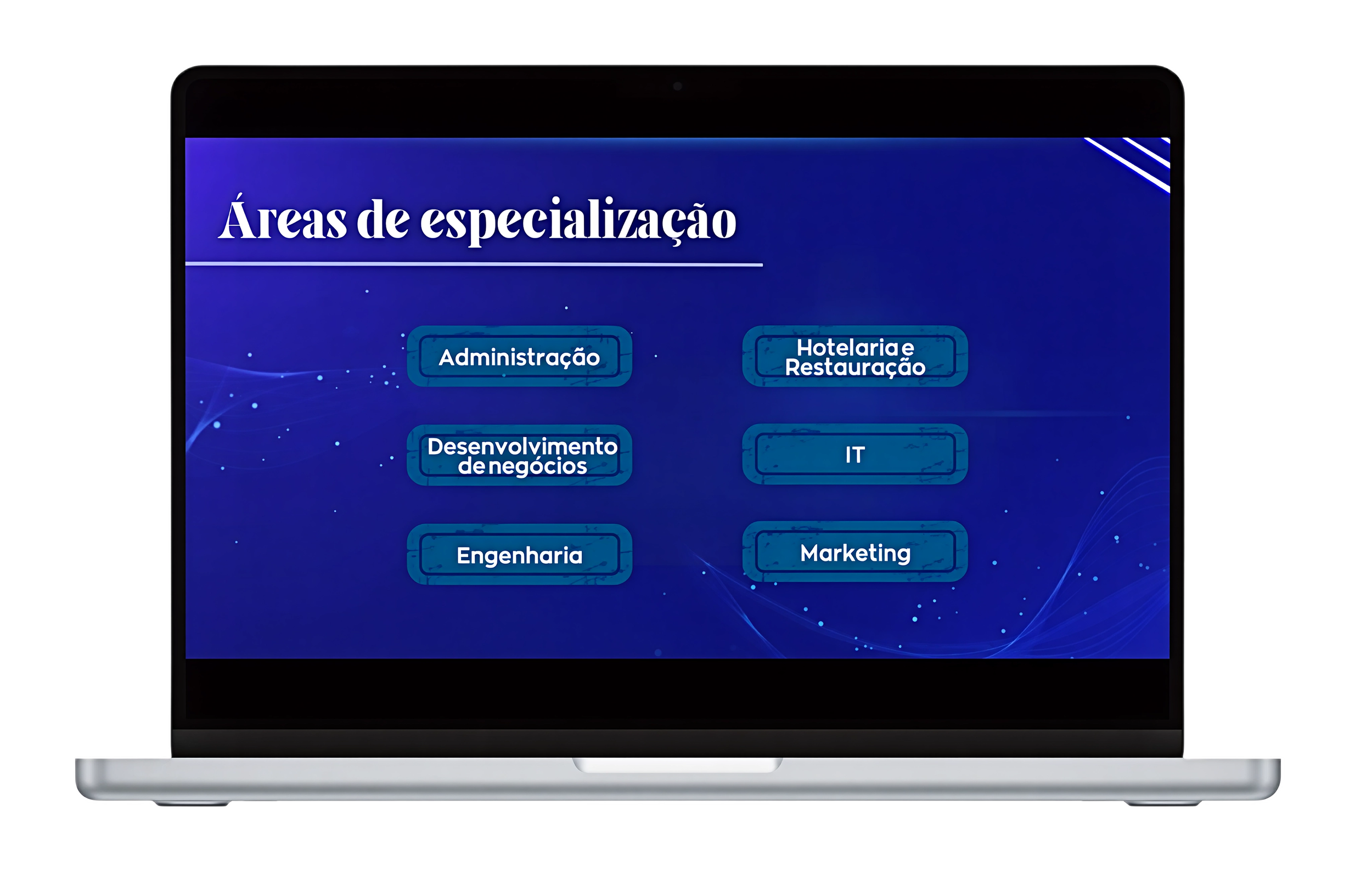 Tela de computador com fundo azul escuro, exibe a frase 'Áreas de especialização' e botões com as áreas de administração, hotelaria e resturação, desenvolvimento de negócios, TI, engenharia e marketing.