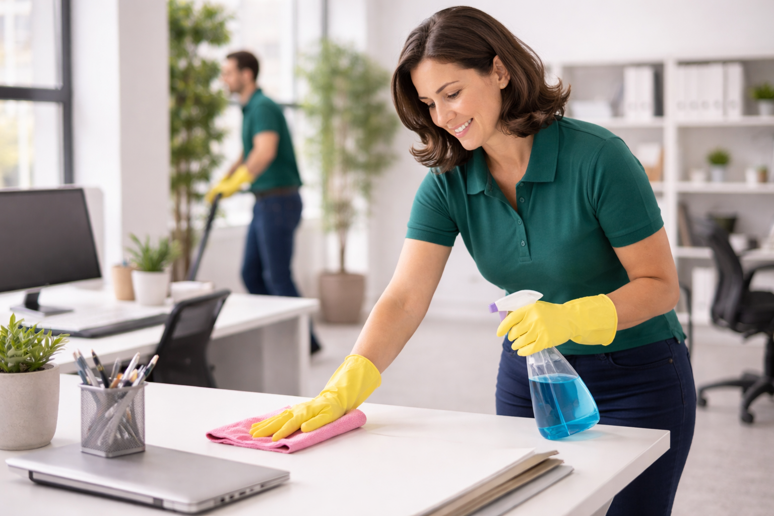 A woman in a green polo shirt and yellow cleaning gloves is cleaning a white office desk with a pink cloth and spray bottle of blue cleaning solution. In the background, a man wearing a green polo shirt and yellow gloves is using a mop in a bright, modern office.