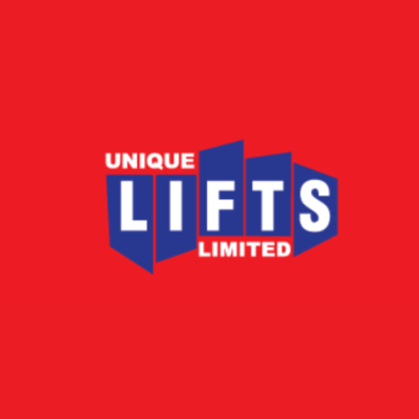 Logo for Unique Lifts Limited, featuring bold blue and white text on a red background with a stylized lift icon.