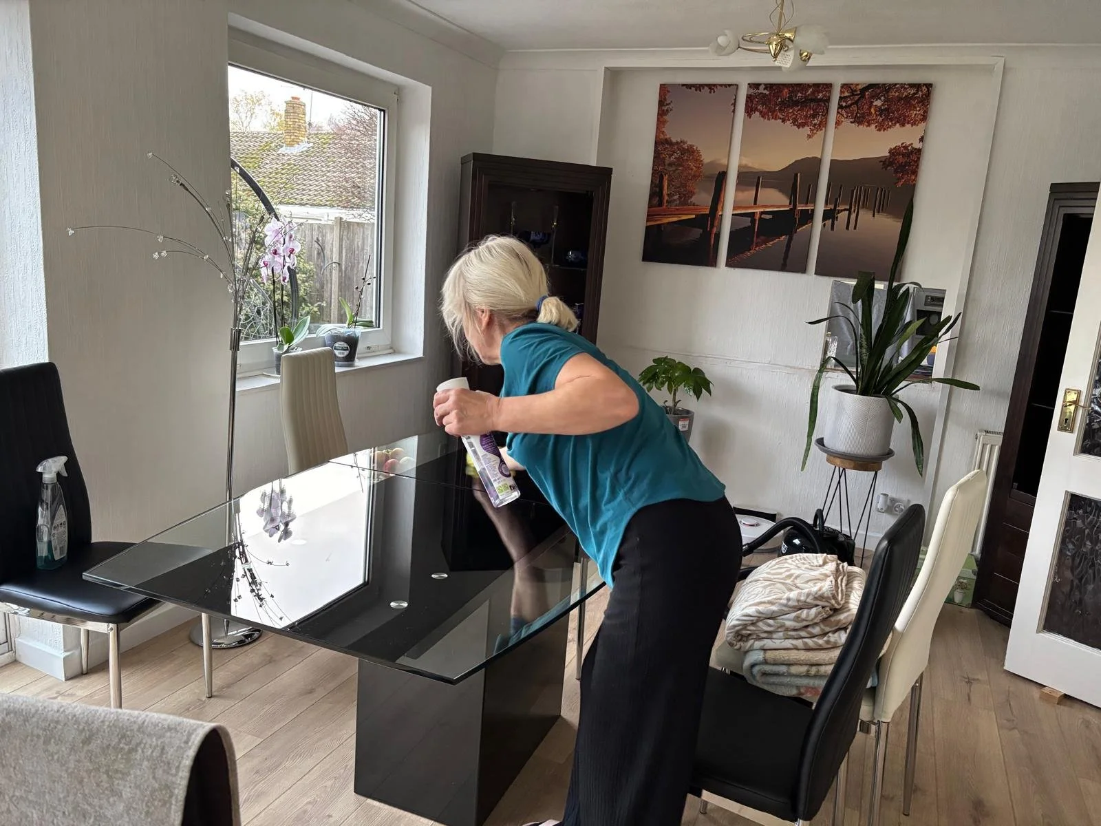 A woman with blonde hair in a ponytail cleaning a glass table in a dining room with black and white chairs, potted plants, a wall art of a lake scene, and a window showing a backyard with trees and a fence.