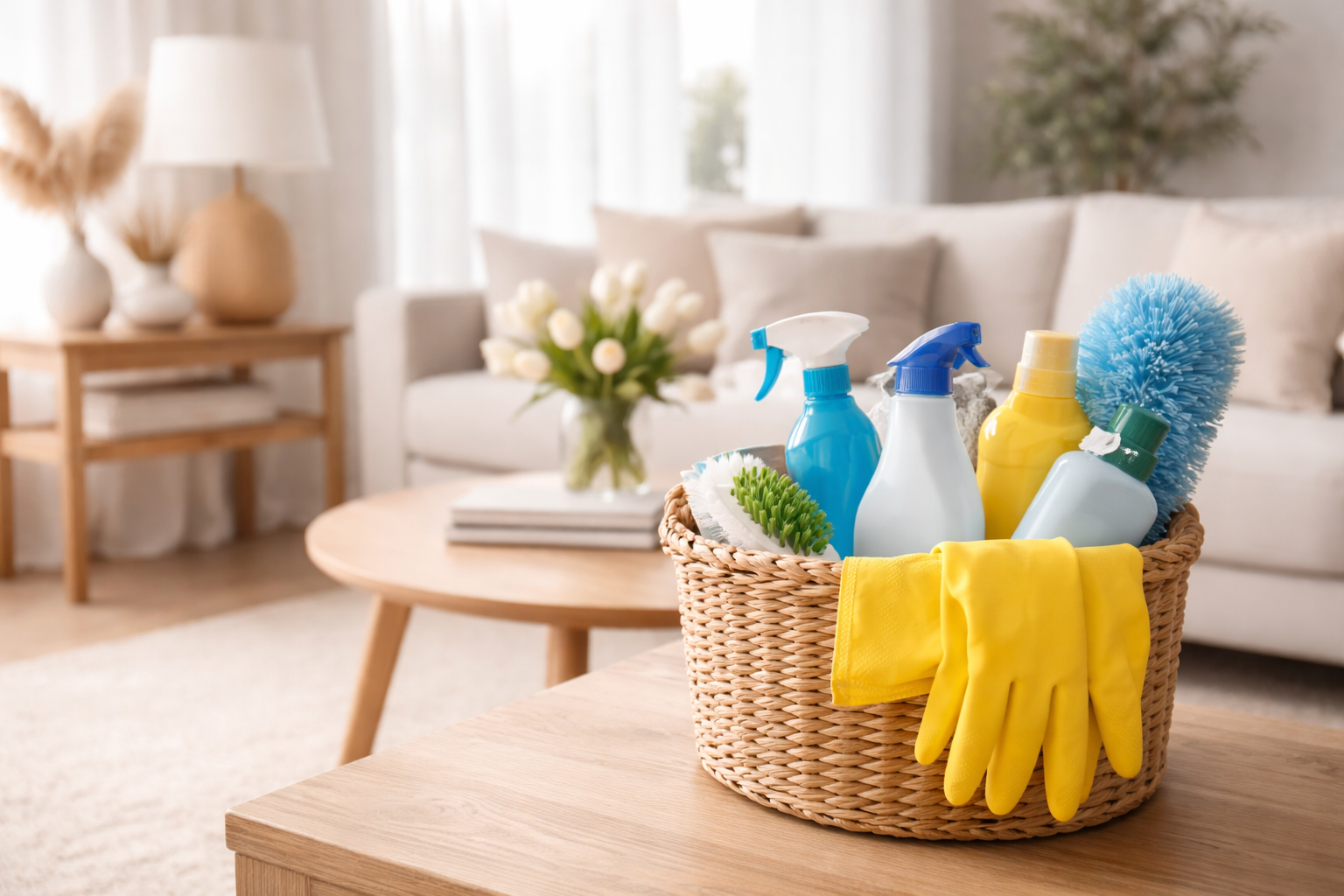 Cleaning supplies, including spray bottles, sponges, gloves, and brushes, in a wicker basket on a wooden table in a living room with a sofa and a vase of white flowers.