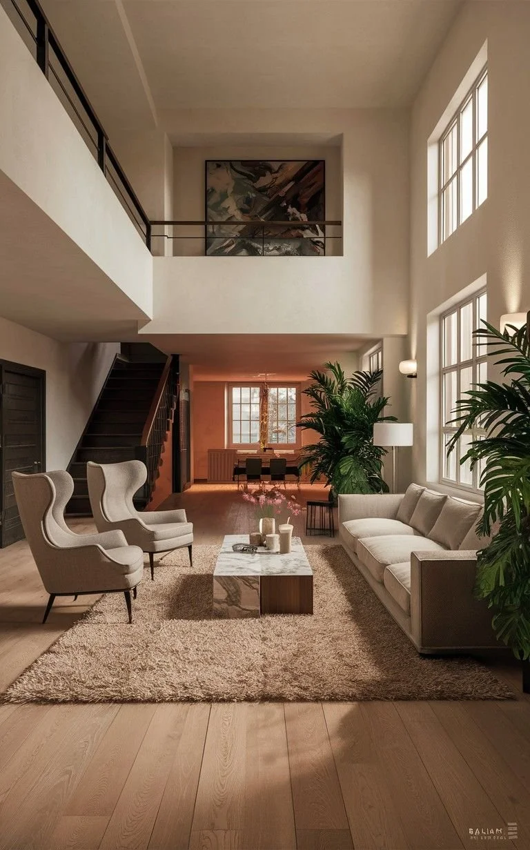 A spacious living room with a high ceiling, large windows, a beige sofa, two wingback chairs, a marble coffee table with candles, large green plants, and a dining area in the background with a table and chairs.
