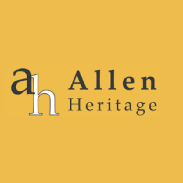 Logo for Allen Heritage with the initials 'a' and 'h' in layered black and white on a yellow background.