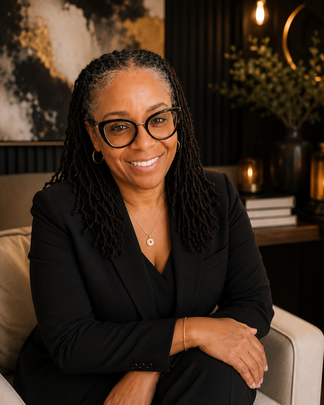 A woman with glasses and earrings smiling, wearing a black blazer, seated in a warmly lit room with modern decor and artwork.