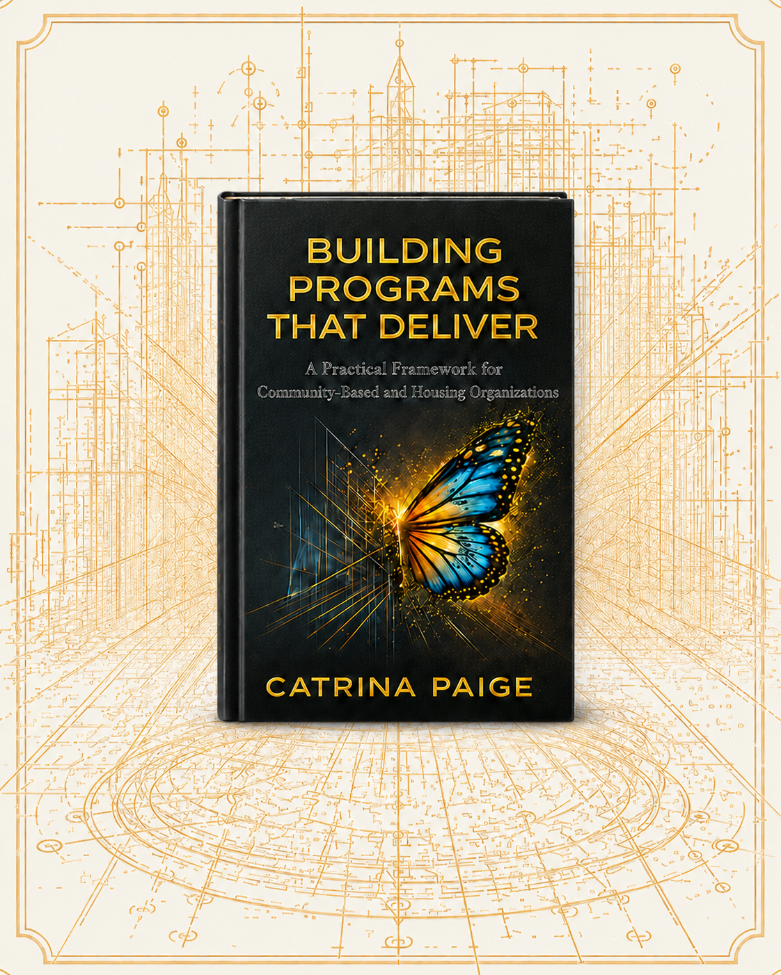 Book titled 'Building Programs That Deliver' by Catrina Paige, with a butterfly on the cover, against a background with orange blueprint-style architectural drawings.
