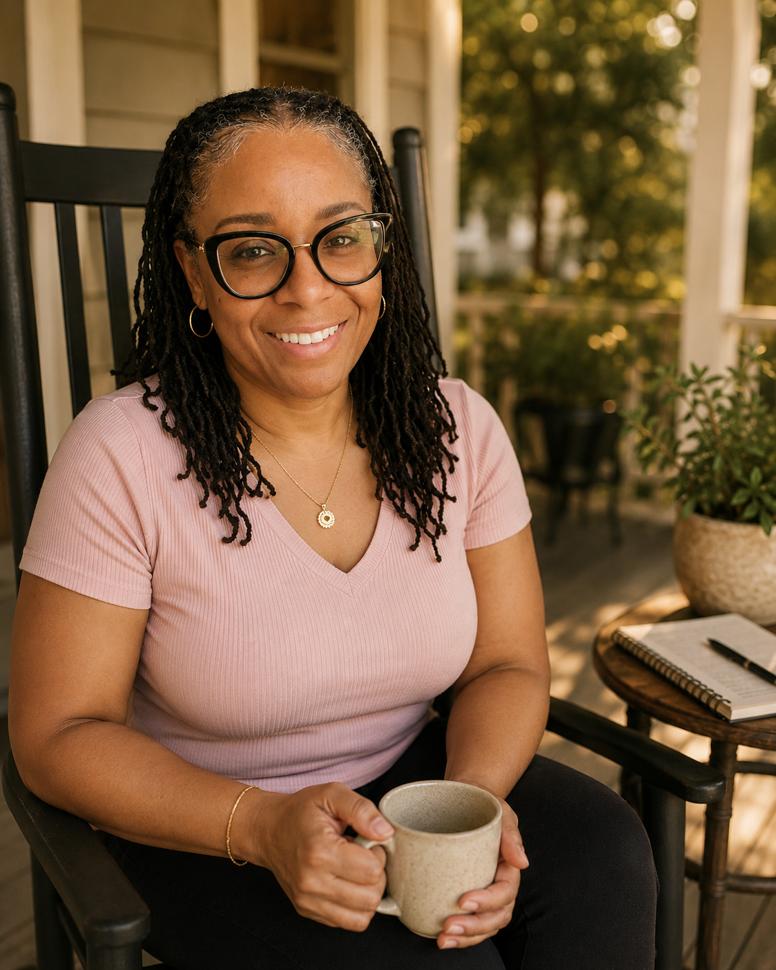 A smiling woman with glasses and dreadlocks sitting on a porch holding a mug, with a notebook and pen on a small table beside her, during golden hour.