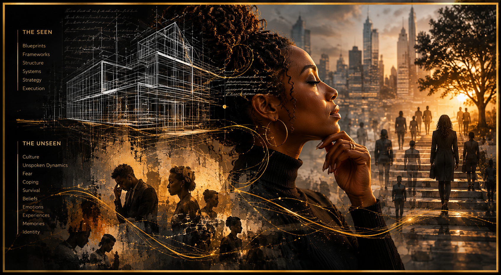 A woman with curly hair and hoop earrings looking contemplative against a cityscape at sunset, with smaller images of diverse people and a digital architectural sketch overlay.