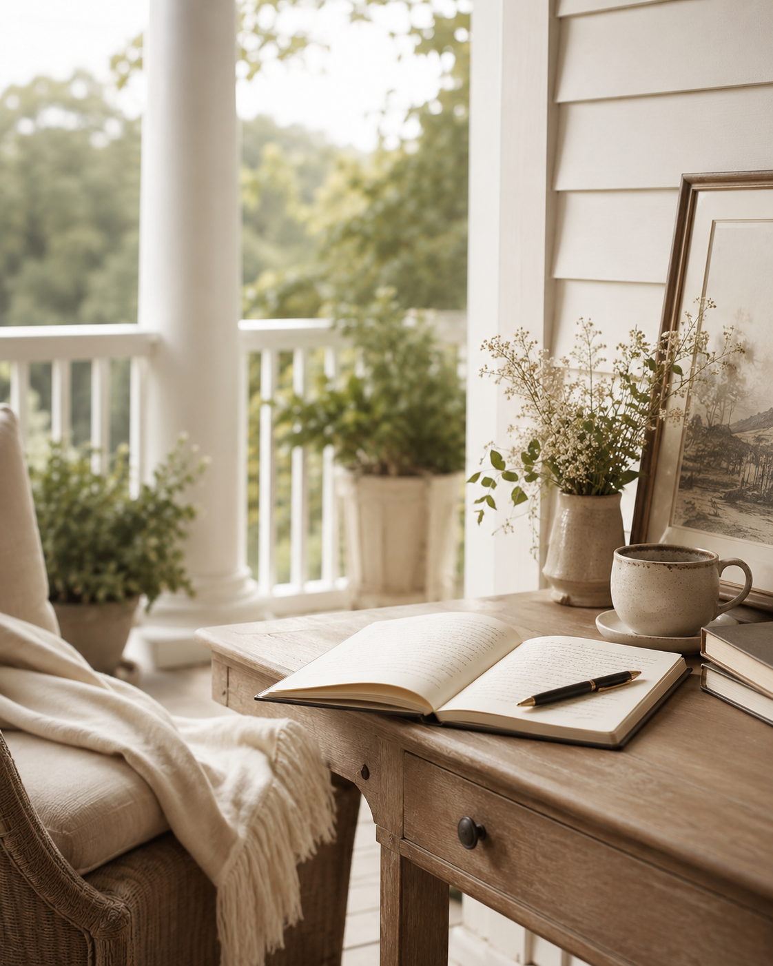Cozy outdoor porch scene with a wooden table, open book and pen, beige armchair with throw blanket, potted plants, and a coffee cup, overlooking a lush green landscape.