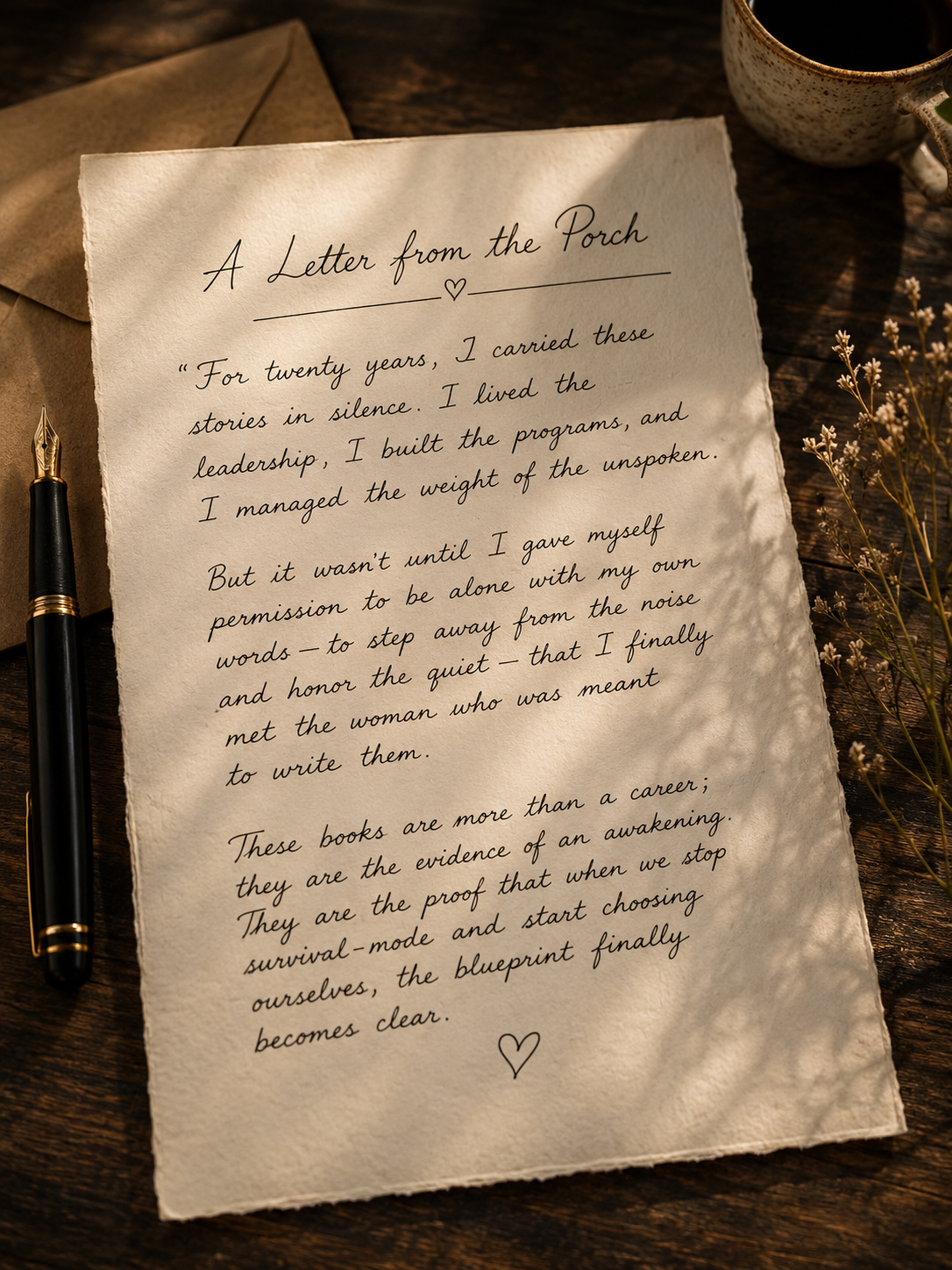 A handwritten letter titled "A Letter from the Porch" on a textured cream-colored paper with a heart symbol above and below the text. The letter is placed on a wooden surface, with a black pen to the left and a dark coffee mug in the upper right corner. There are dried flowers on the right side of the paper.