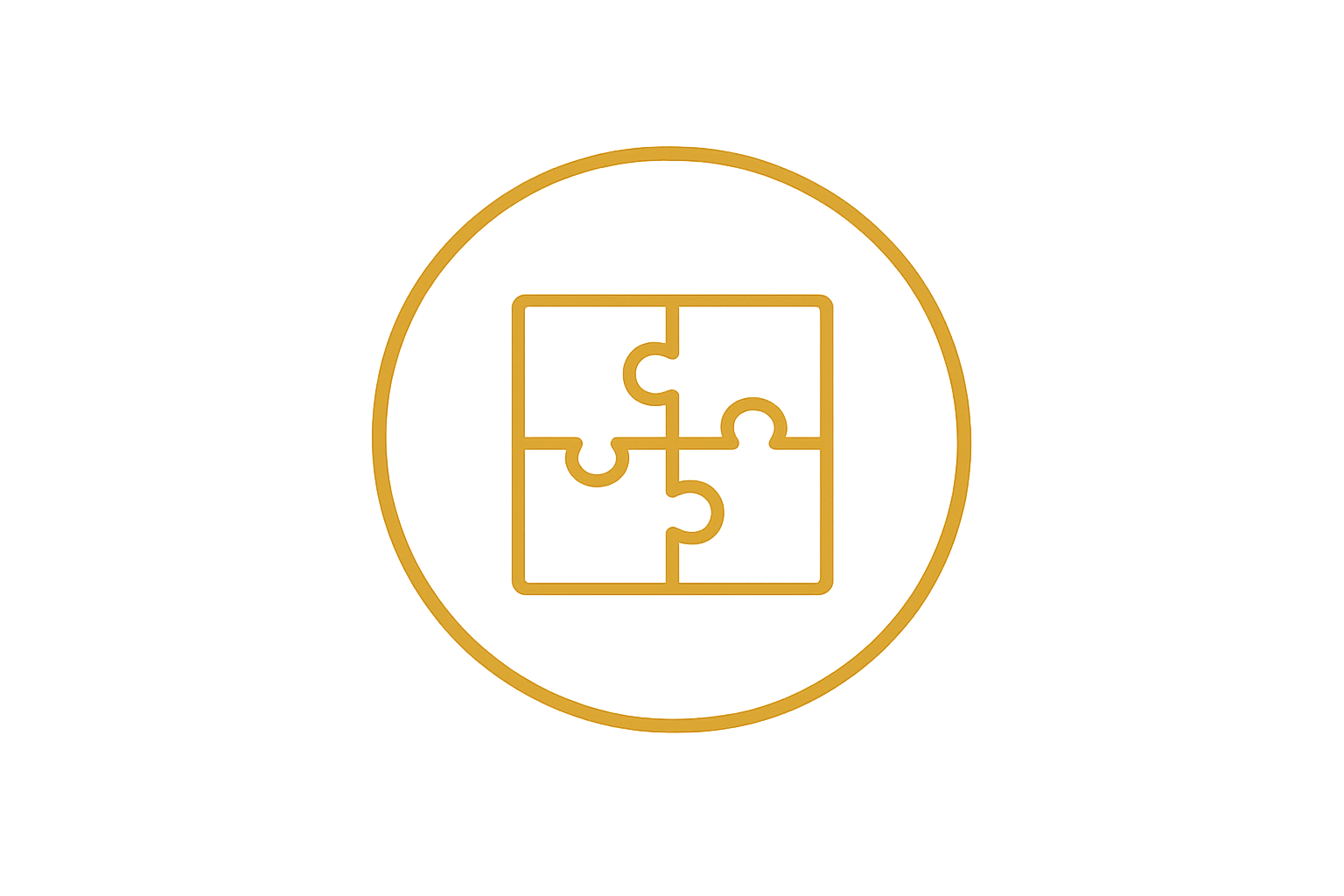 Gold outline of a puzzle piece within a circle on a black background.