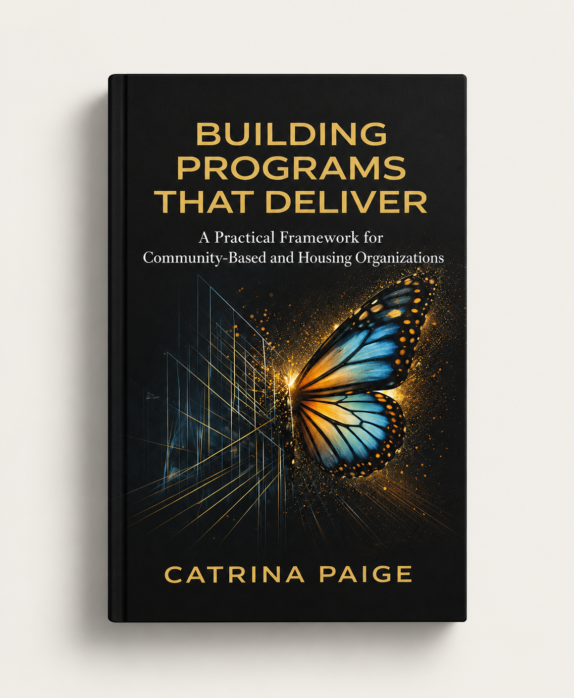 Book titled 'Building Programs That Deliver' by Catrina Paige, with a cover design of a butterfly with glowing edges and a digital grid background.