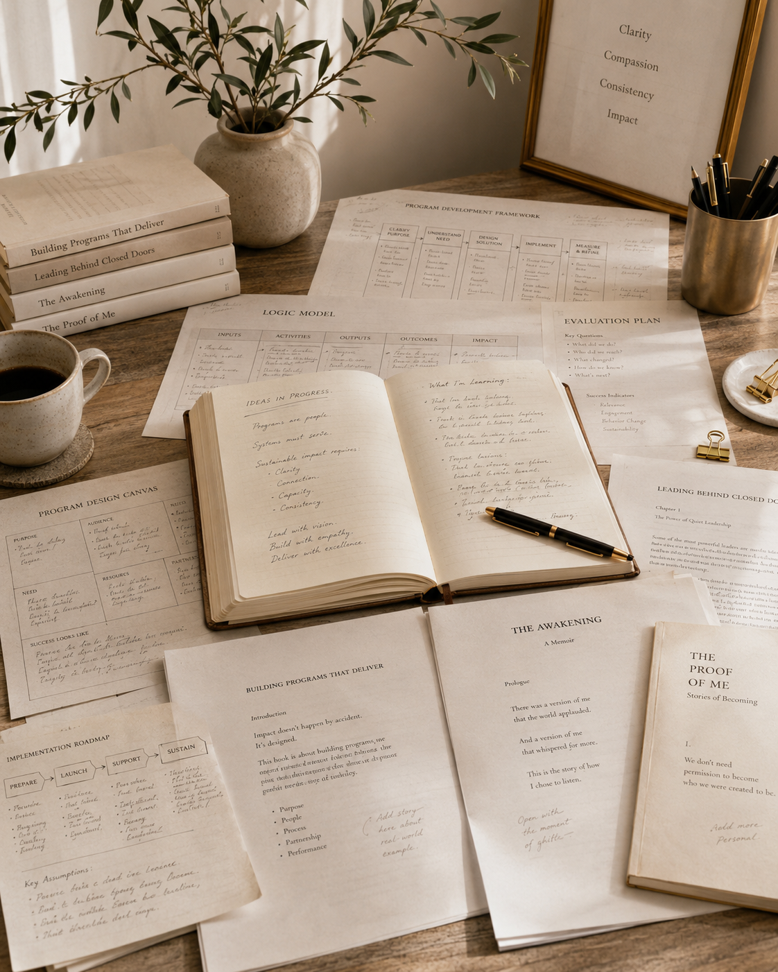 A workspace with books, papers, a notebook, a cup of coffee, a plant in a vase, framed artwork, and containers of pens on a wooden desk.