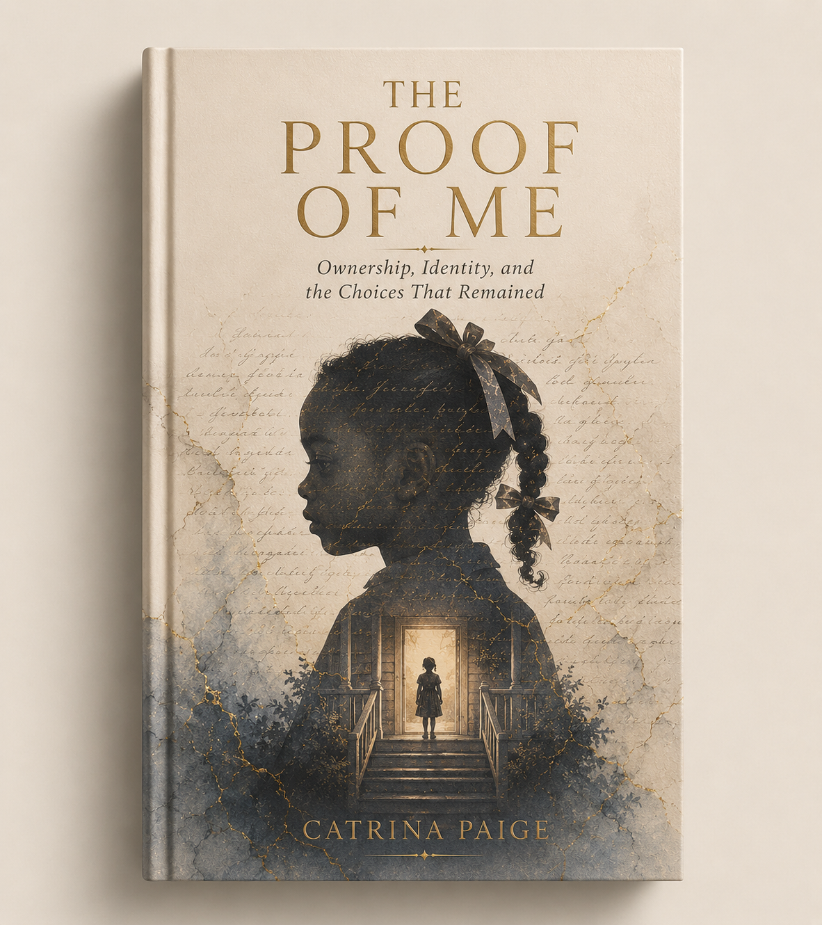 Cover of a book titled 'The Proof of Me' by Catrina Paige, featuring a silhouette of a girl with braided hair, a bow, and an image of a girl standing on a staircase in front of a house at sunset.