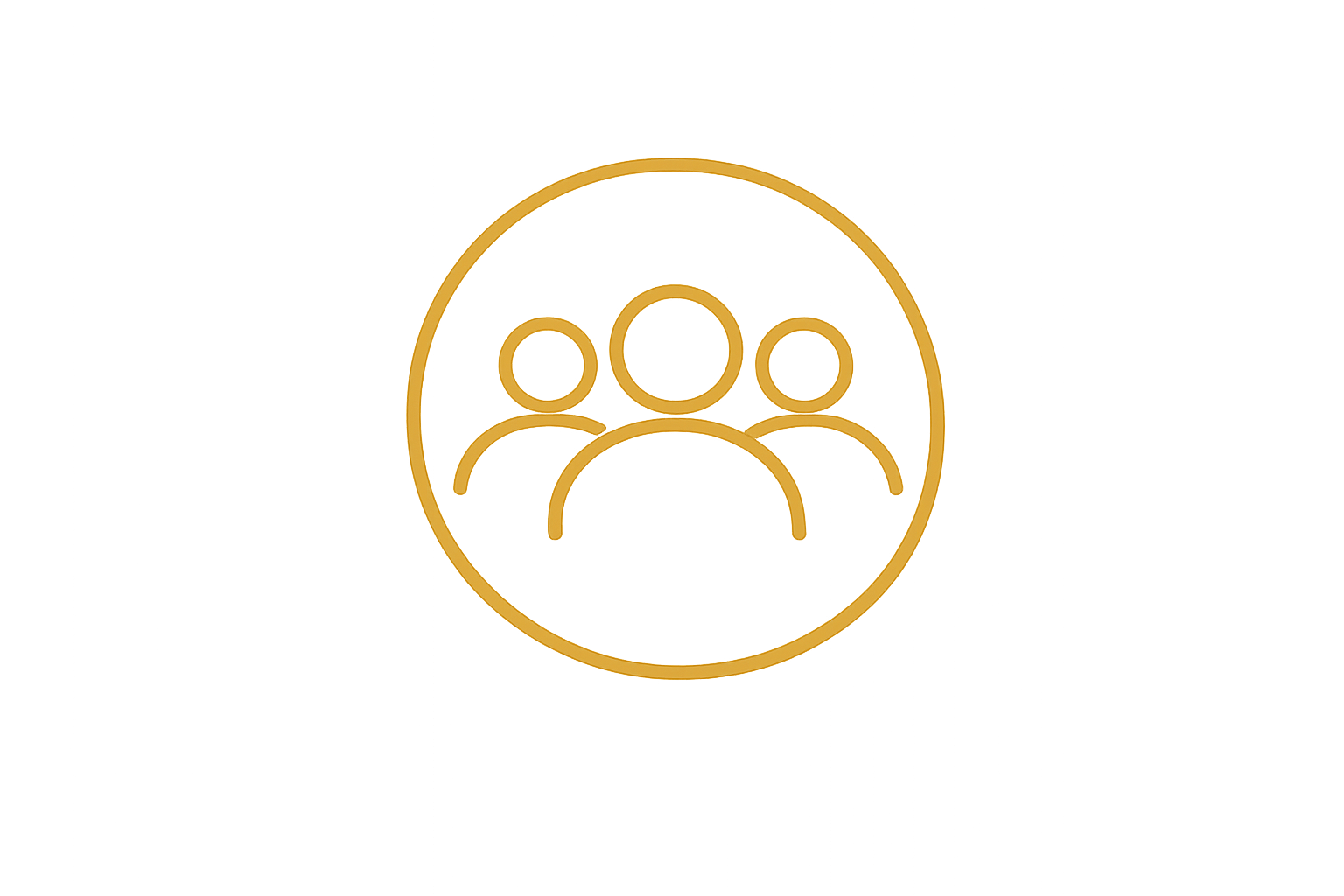 Icon of three people inside a circular outline, in a gold color.