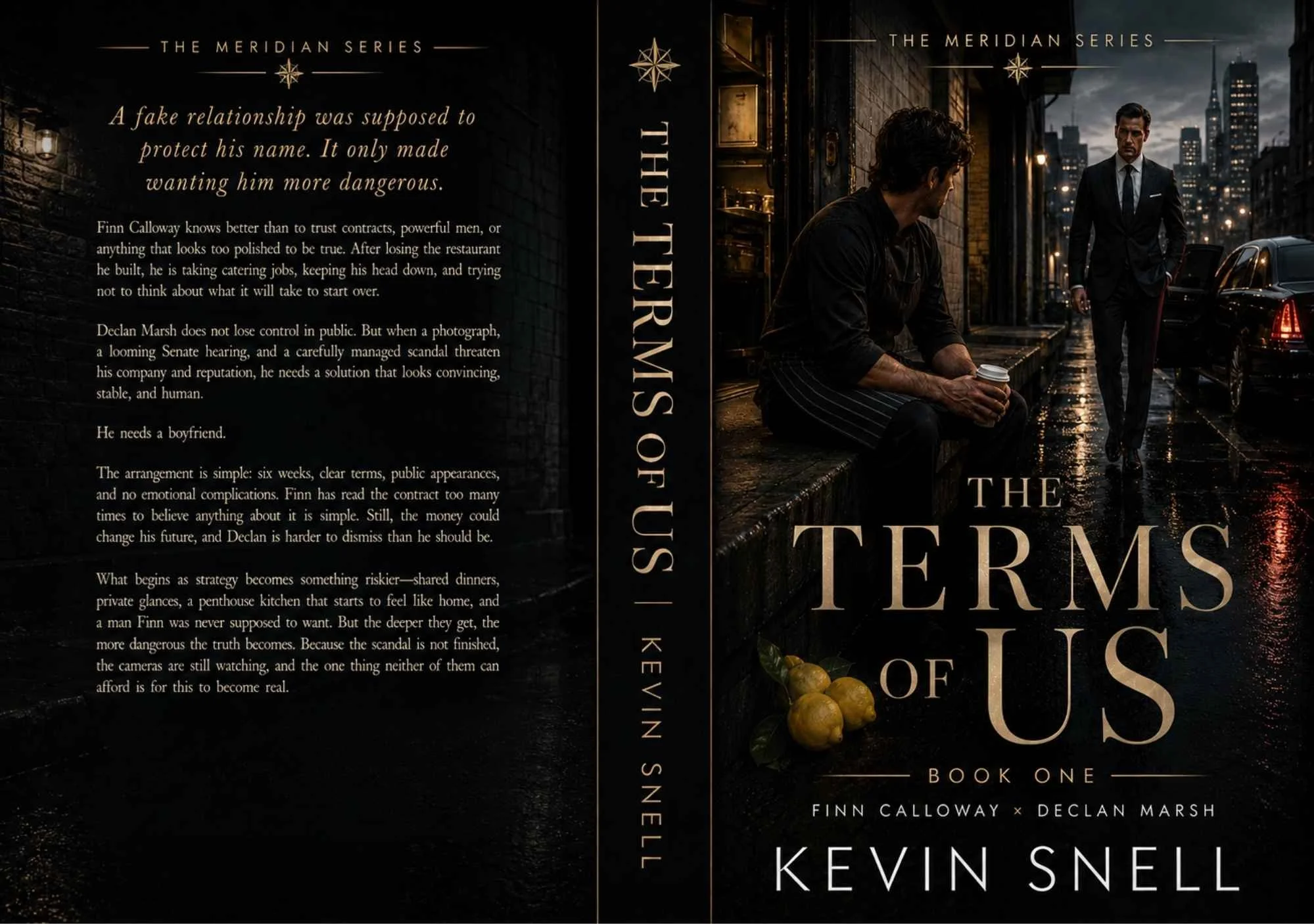 The Terms of Us by Kevin Snell paperback cover, M/M fake relationship romance with chef, powerful businessman, contract, and public scandal