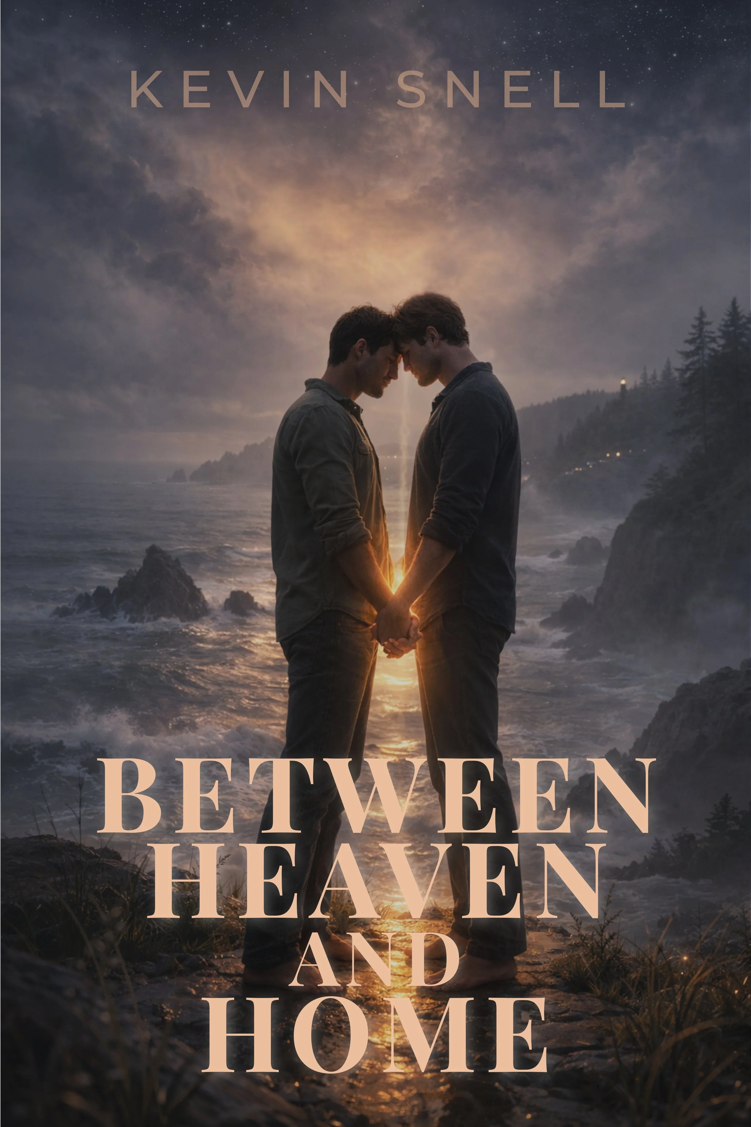 Gay couple holding hands at sunset on a rocky coast, Between Heaven and Home by Kevin Snell