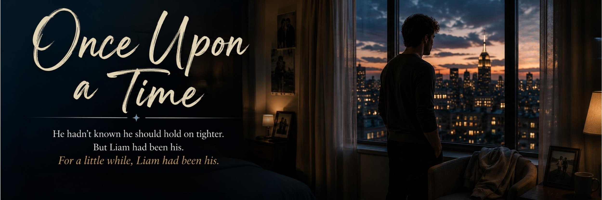 Man stands alone by an apartment window at dusk, looking over city lights beside old photos and a sweatshirt left behind.