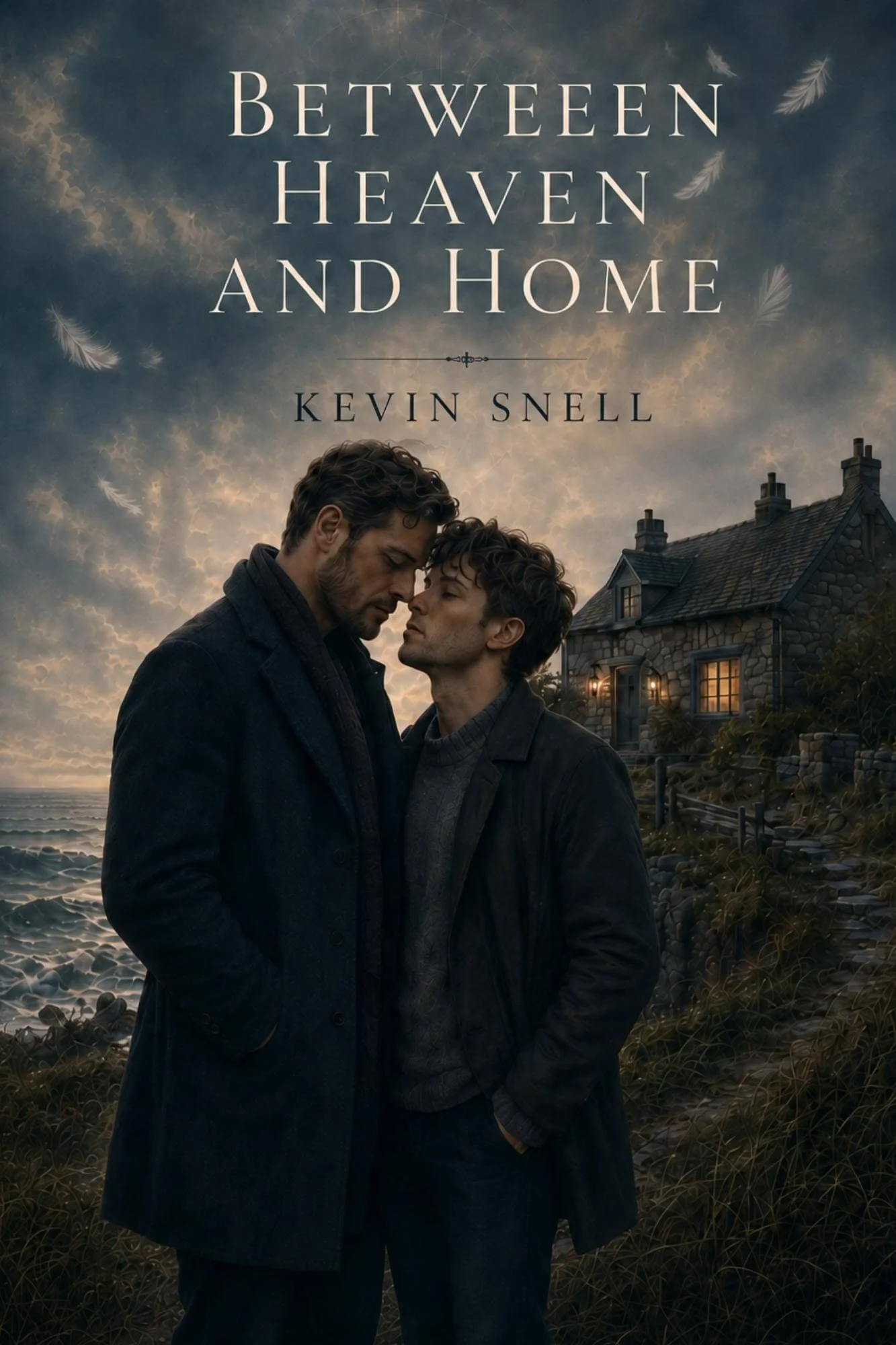 Two men stand close together on a rocky beach at sunset, sharing an intimate moment with their foreheads touching, in front of a large stone house with lit windows; sky is cloudy with feathers floating around.