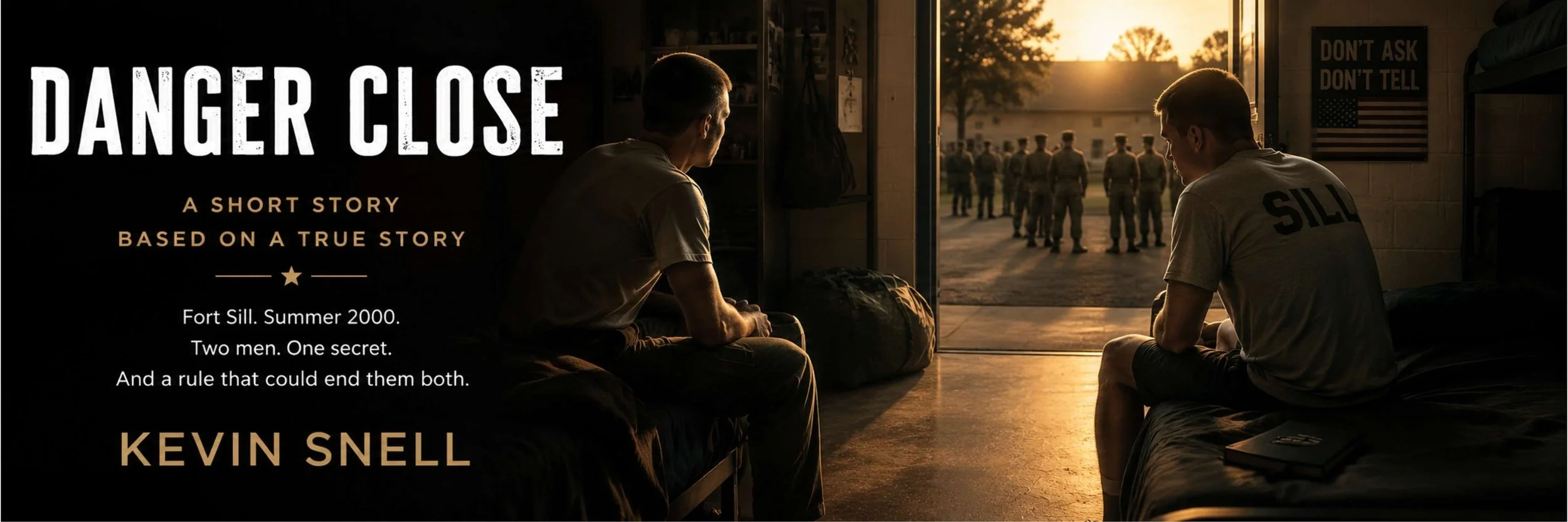 Two men sitting on beds inside a military barracks, observing a line of soldiers outside during sunset, with a sign that says 'Don't Ask Don't Tell' and a book on one bed.