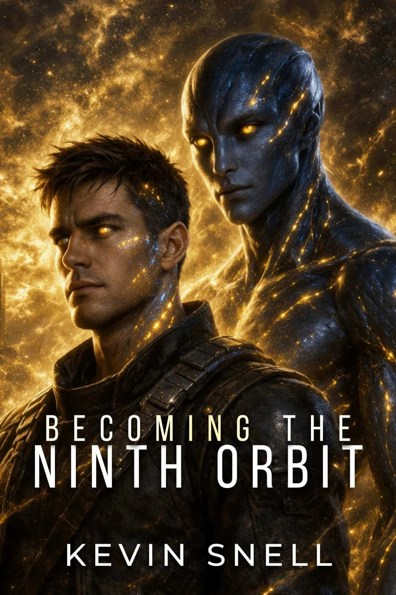 The image features two characters with glowing eyes and dark, textured skin, set against a cosmic background with bright, golden nebulae and star-like sparkles. The characters appear futuristic or otherworldly, and the text on the image reads 'BECOMI