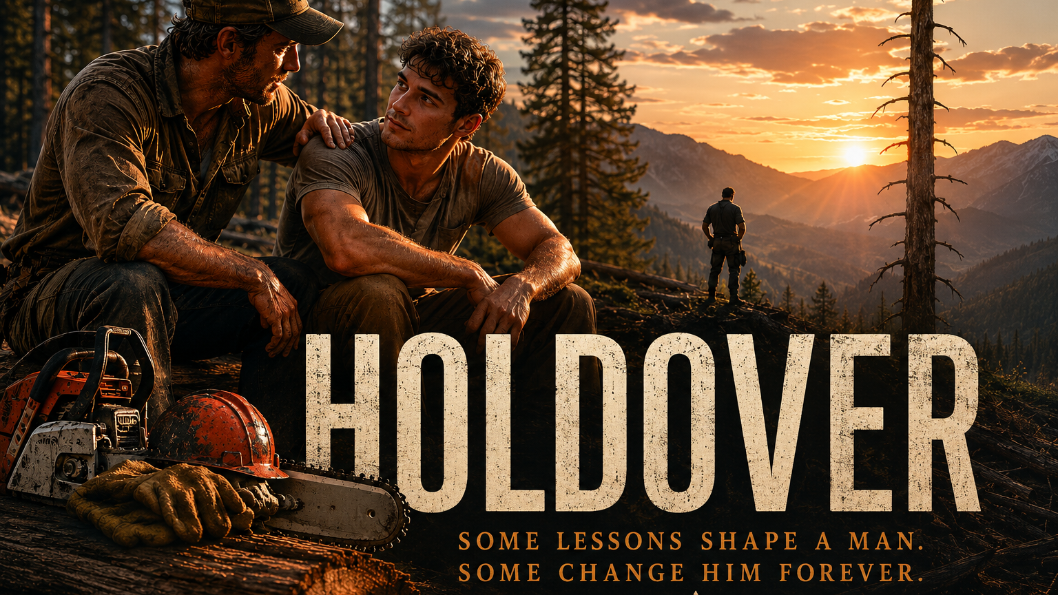 Rugged wildfire sawyers at sunset in a mountain forest beside chainsaw gear, promoting Kevin Snell’s short story Holdover