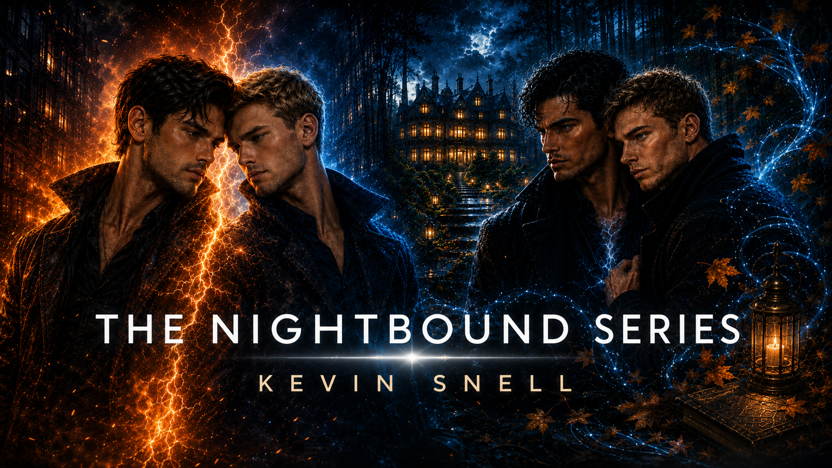 Promotional poster for 'The Nightbound Series' by Kevin Snell, featuring two pairs of men facing each other, with one with electrifying effects and the other with glowing blue energy, set against a dark mysterious house with glowing windows, surrounded by swirling blue and orange mystical energy and autumn leaves.