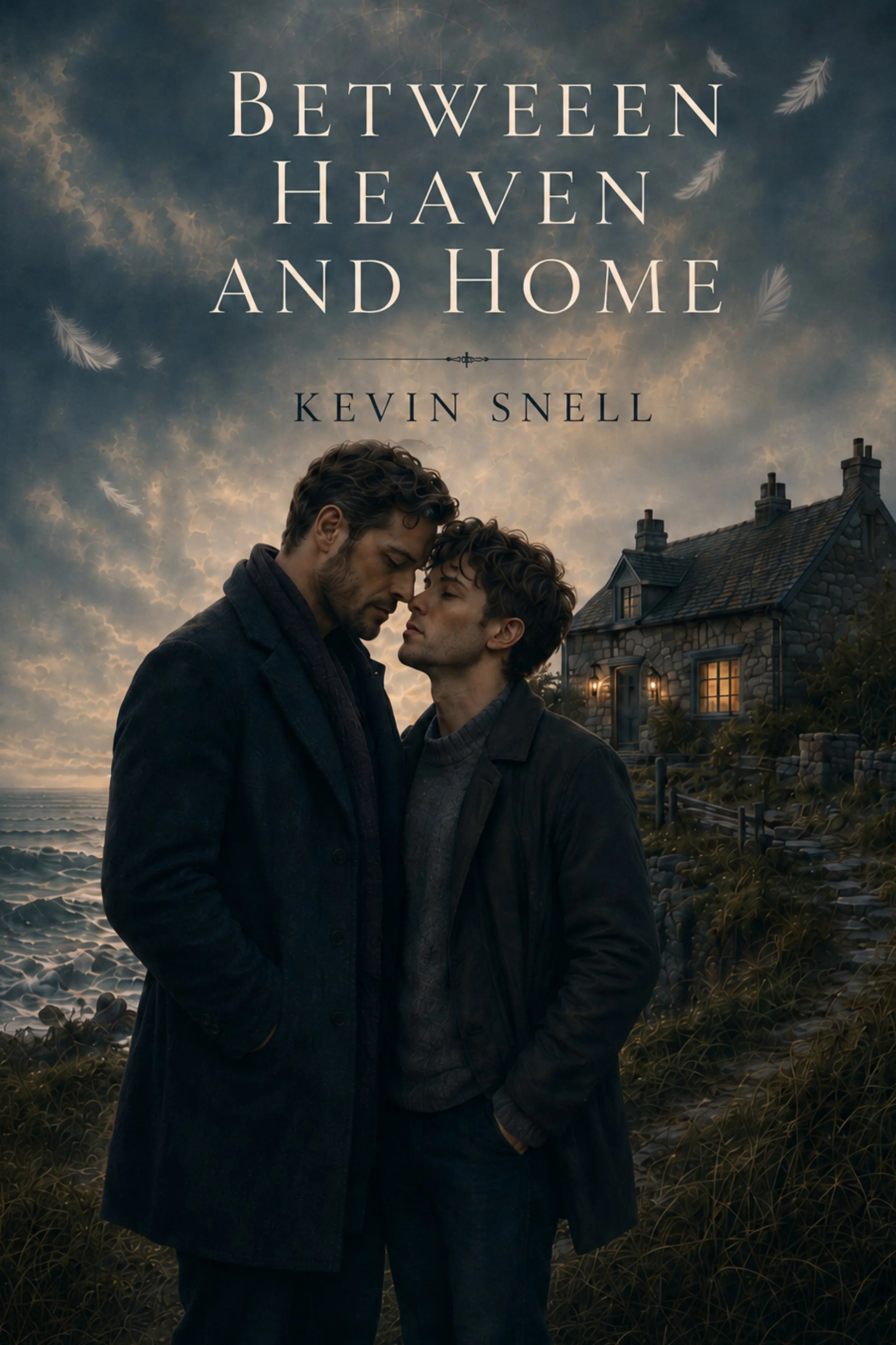 Two men stand close together on a rocky beach at sunset, sharing an intimate moment with their foreheads touching, in front of a large stone house with lit windows; sky is cloudy with feathers floating around.