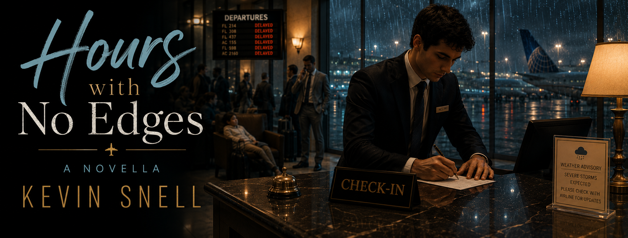 Rainy airport hotel lobby at night with a night clerk at the check-in desk, delayed flights, stranded travelers, and runway lights beyond the windows.